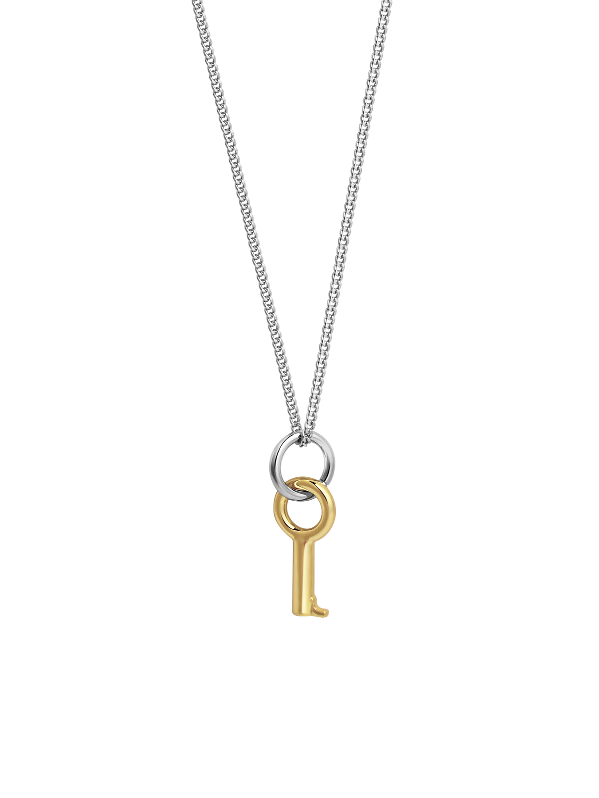 Laura Lombardi Two Tone Entra Necklace, a silver chain necklace featuring a gold key-shaped pendant on a small silver ring, displayed on a neutral background.