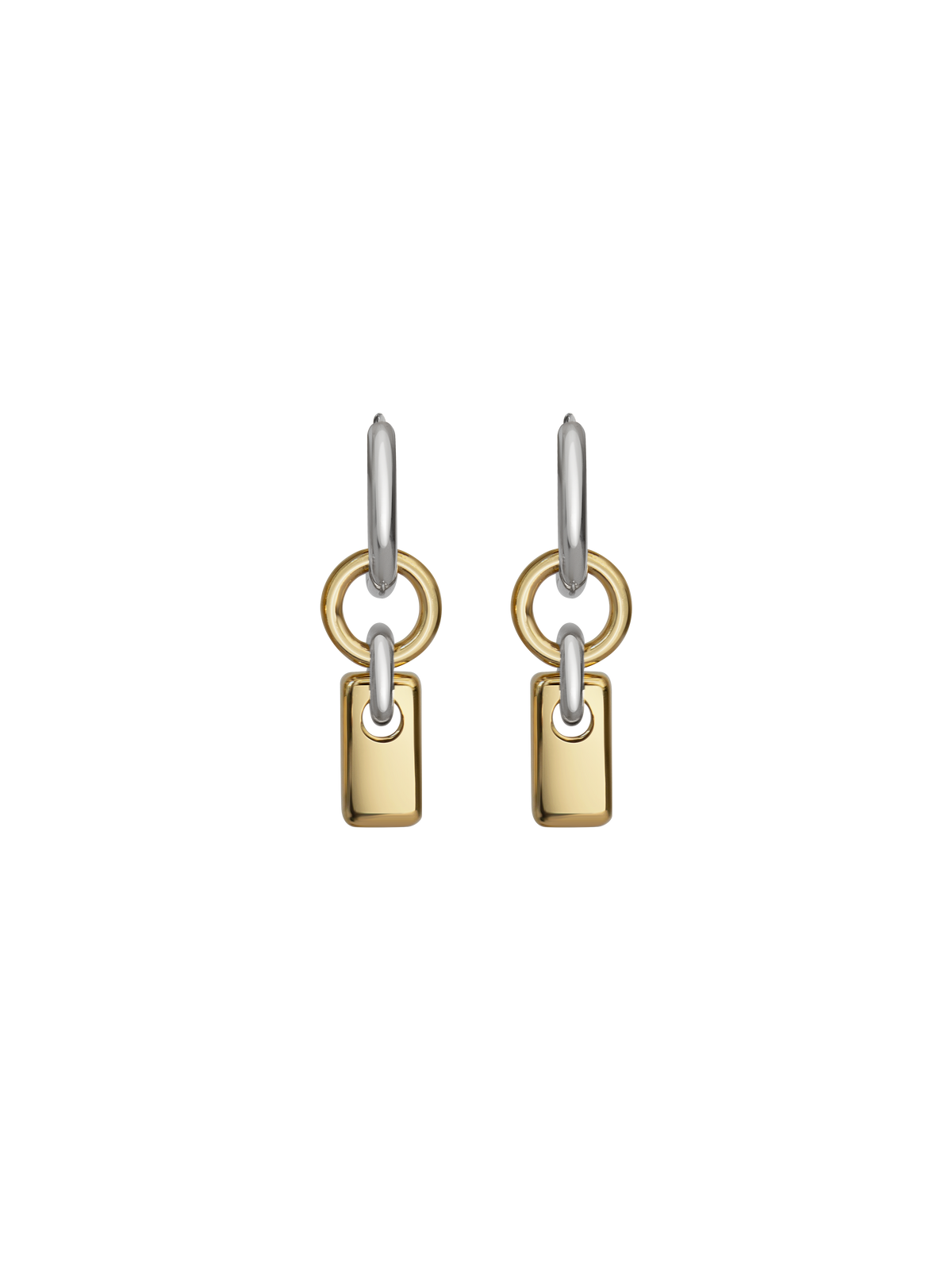 Pair of silver hoops with gold rectangular charms on a neutral background.