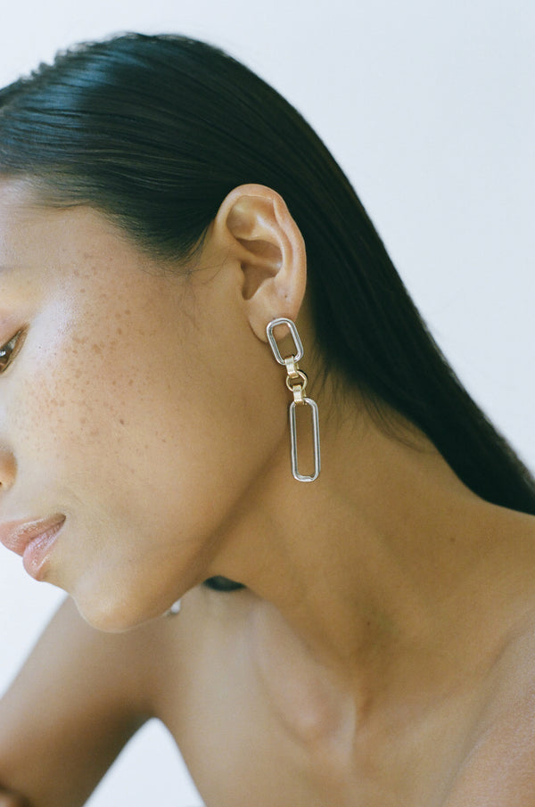 Model wearing Laura Lombardi Two Tone Stanza Earrings