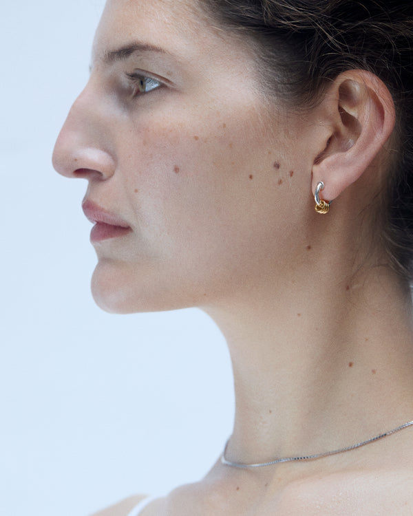 Model wearing Laura Lombardi Two Tone Mini Fillia Earrings