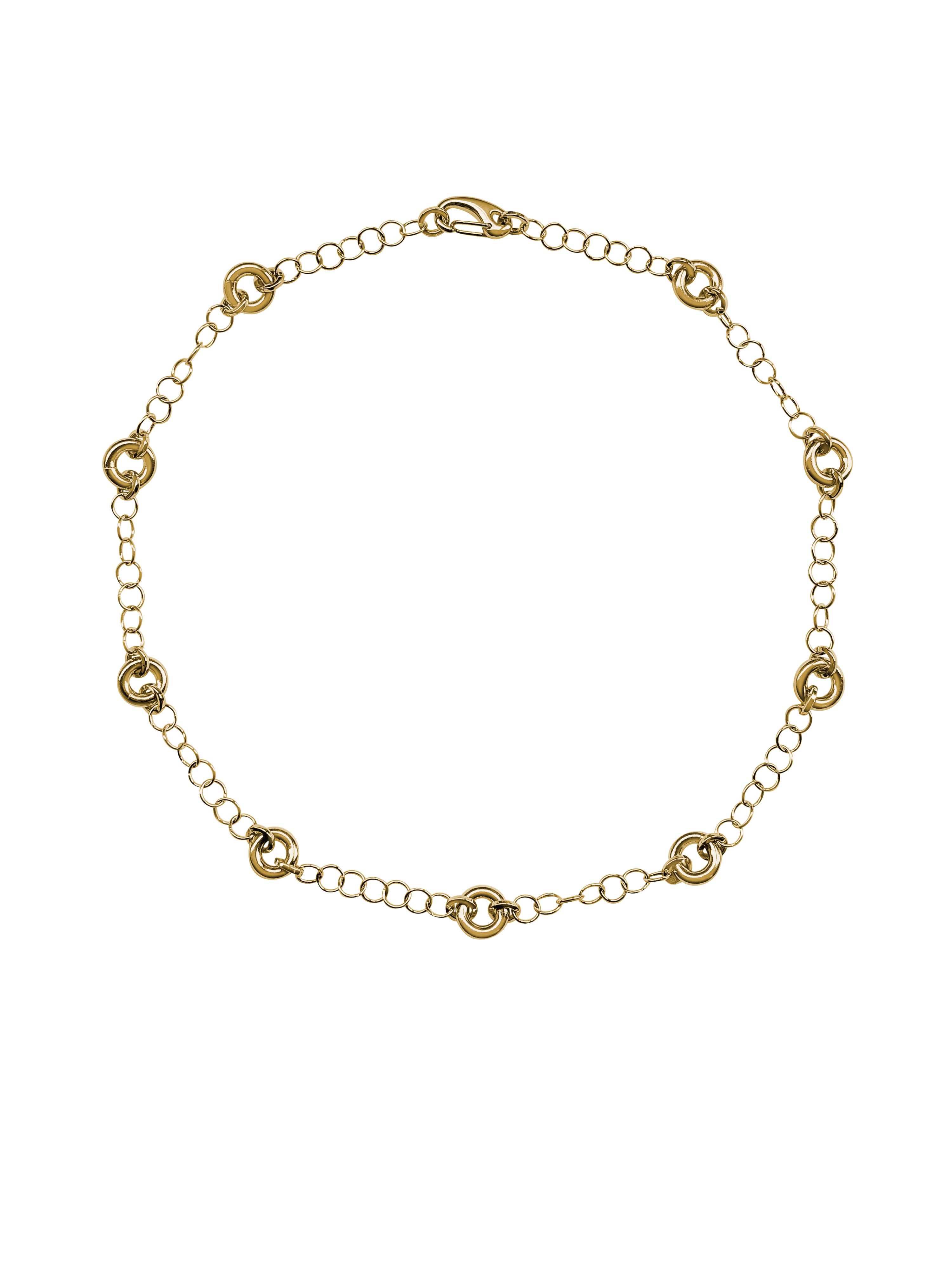 The Astra Necklace, a delicate cable chain with circular link accents in gold.