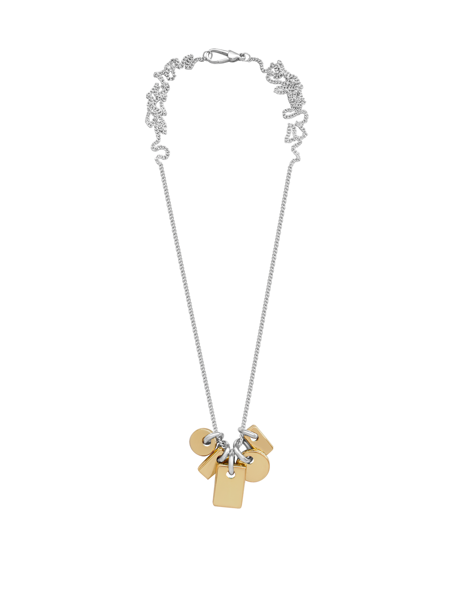 Necklace with gold and silver pendants on a sterling silver chain overtop a neutral background.
