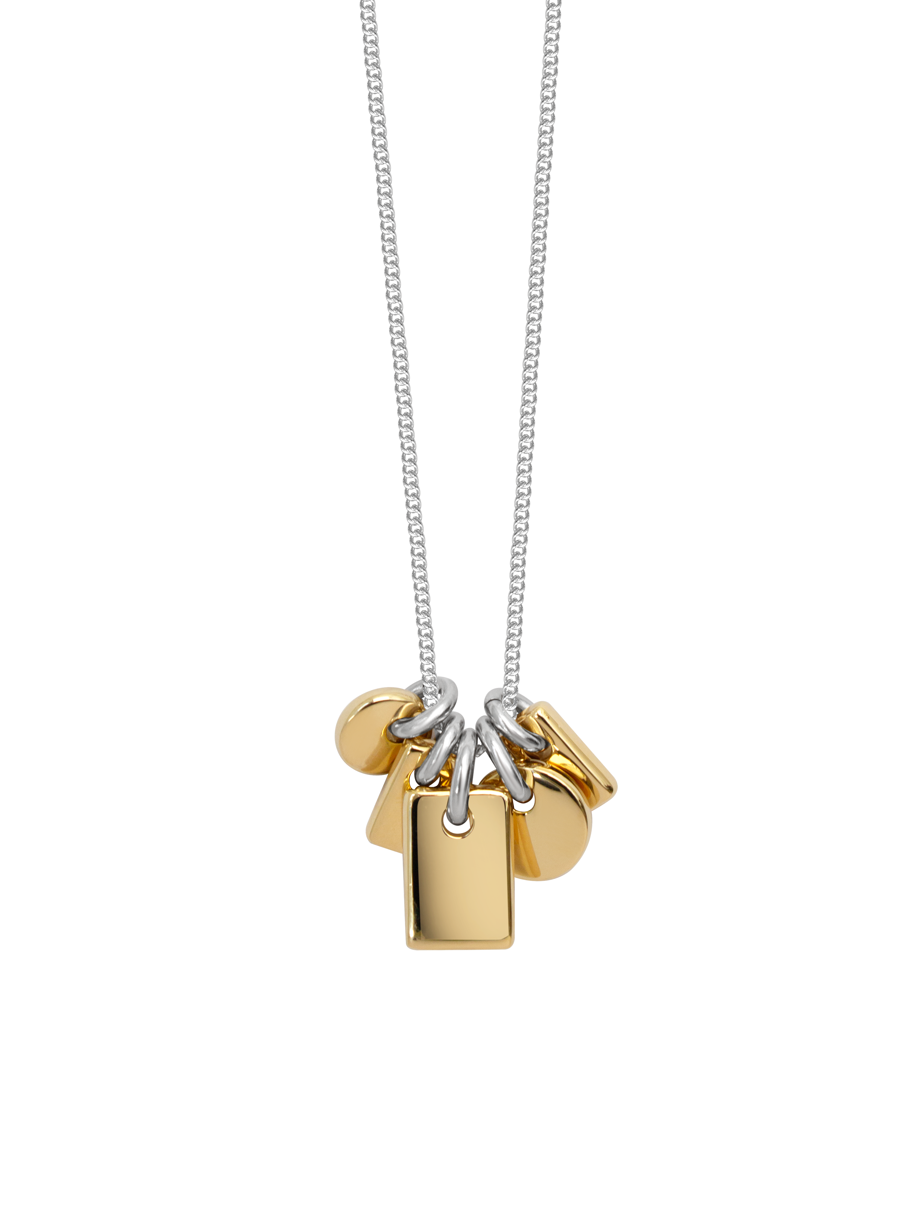 Necklace with gold and silver pendants on a sterling silver chain overtop a neutral background.