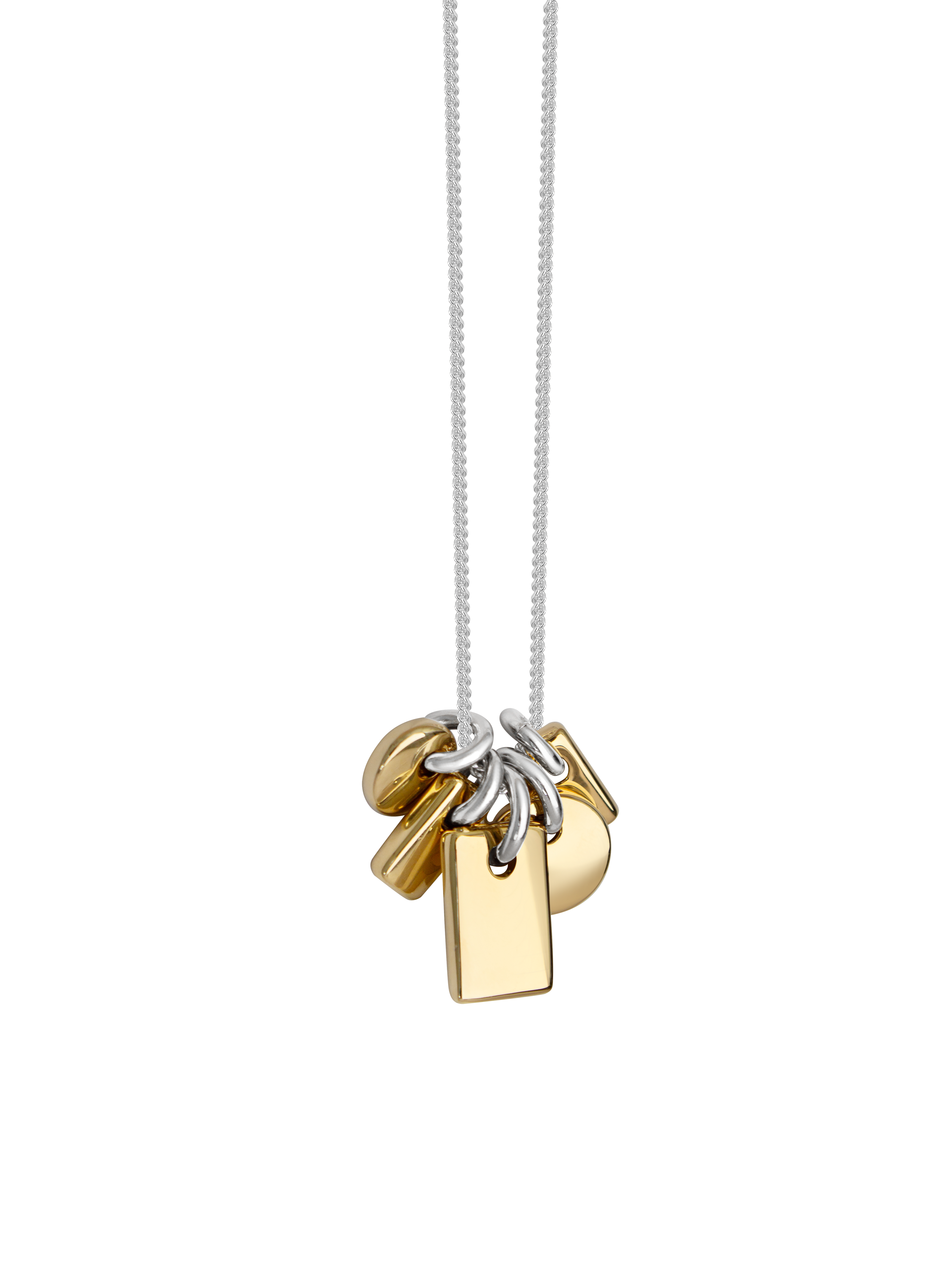 Necklace with gold and silver pendants on a sterling silver chain overtop a neutral background.