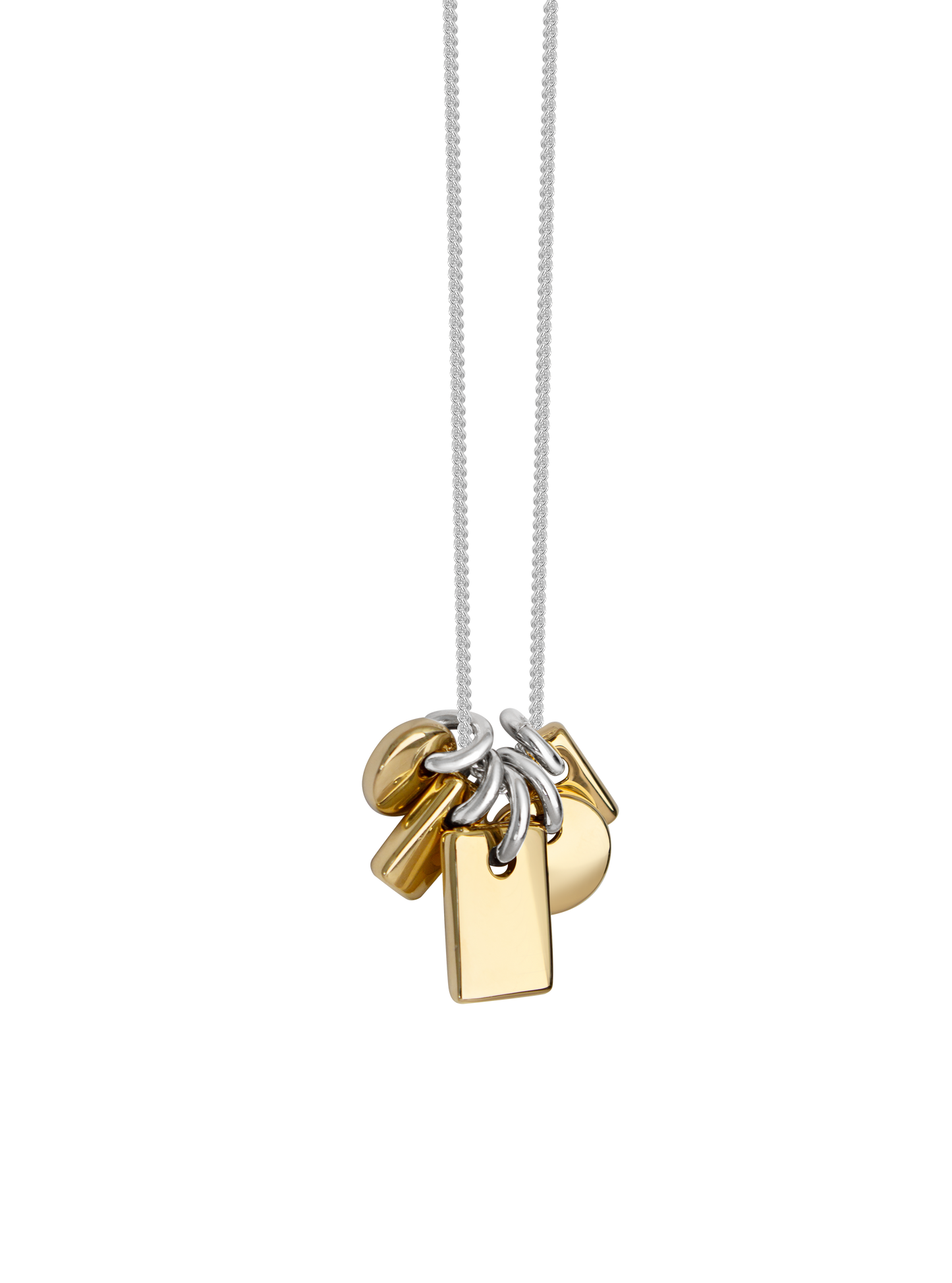 Necklace with gold and silver pendants on a sterling silver chain overtop a neutral background.