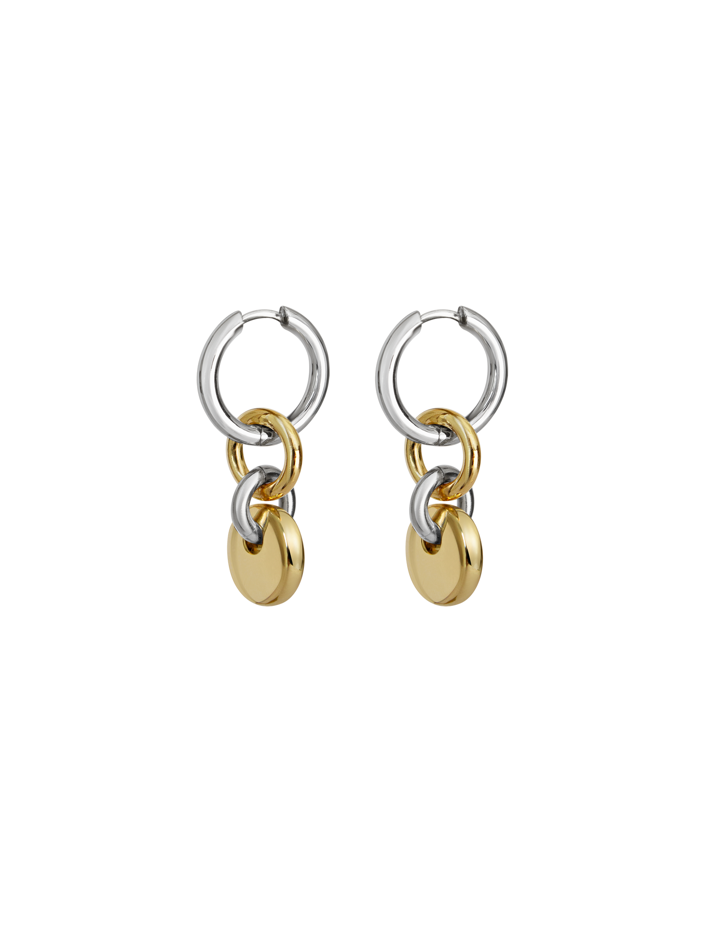 Pair of silver hoops with gold rectangular charms on a neutral background.