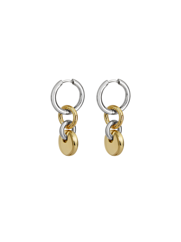 Pair of silver hoops with gold rectangular charms on a neutral background.