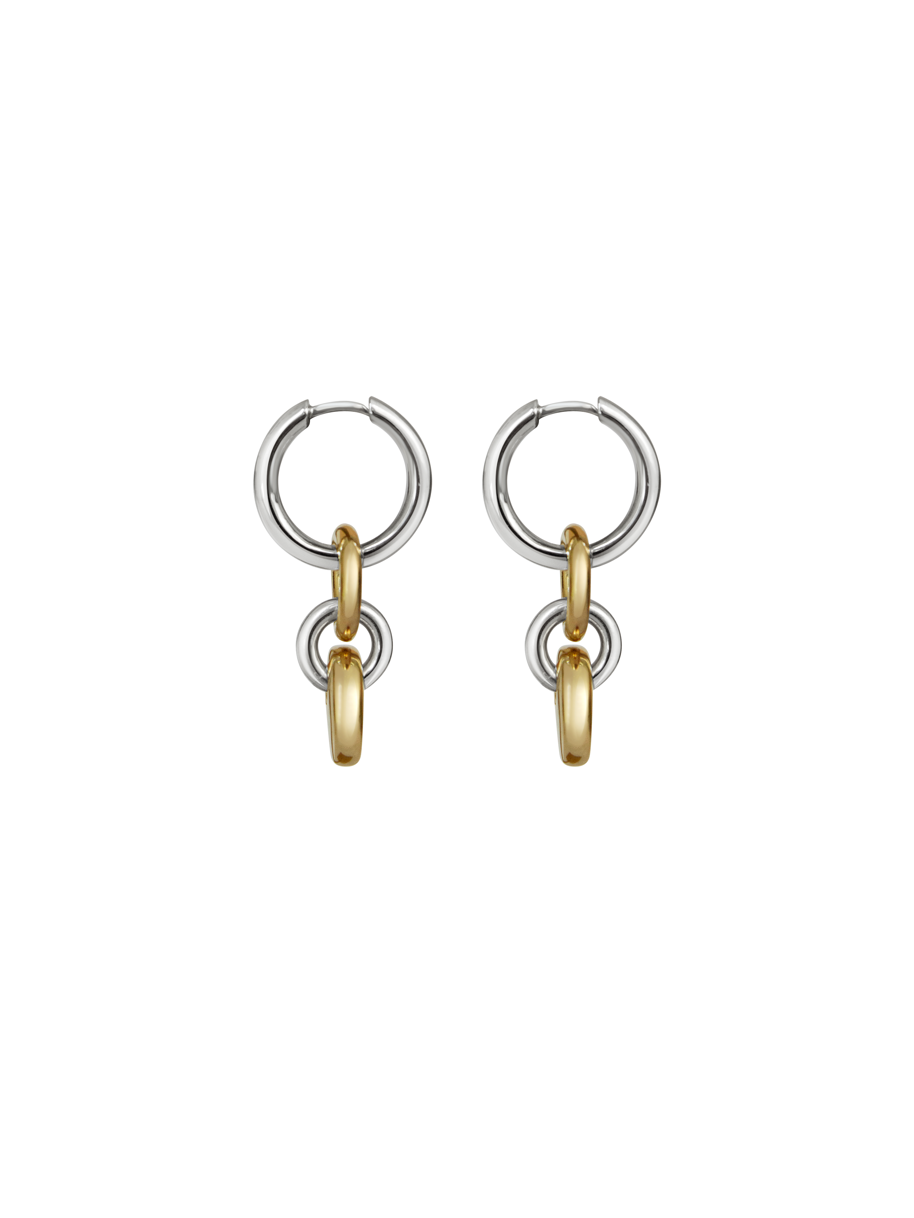 Pair of silver hoops with gold rectangular charms on a neutral background.