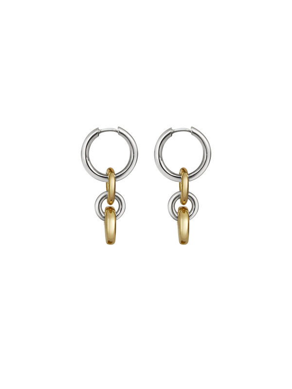 Pair of silver hoops with gold rectangular charms on a neutral background.