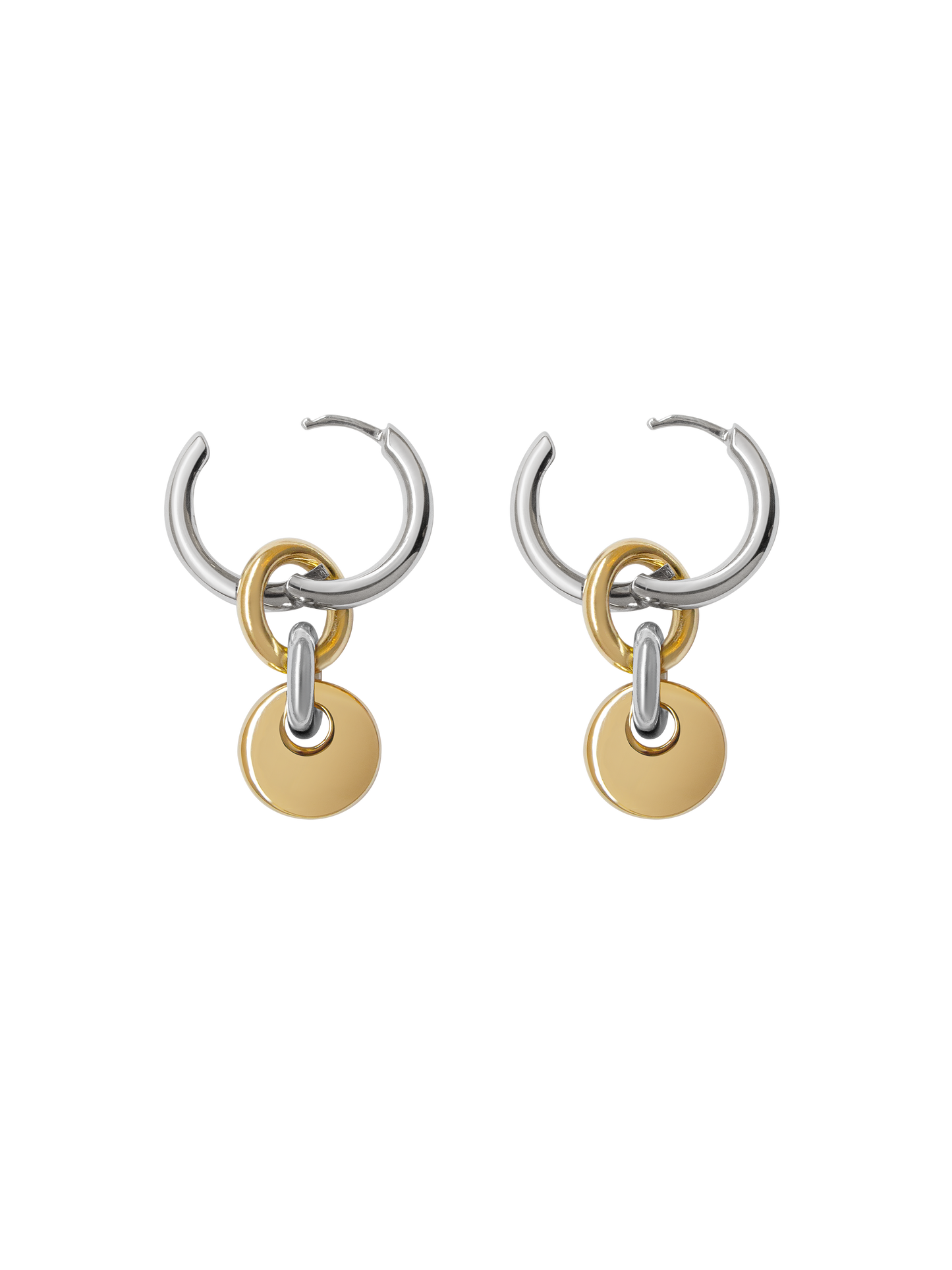 Pair of silver hoops with gold rectangular charms on a neutral background.