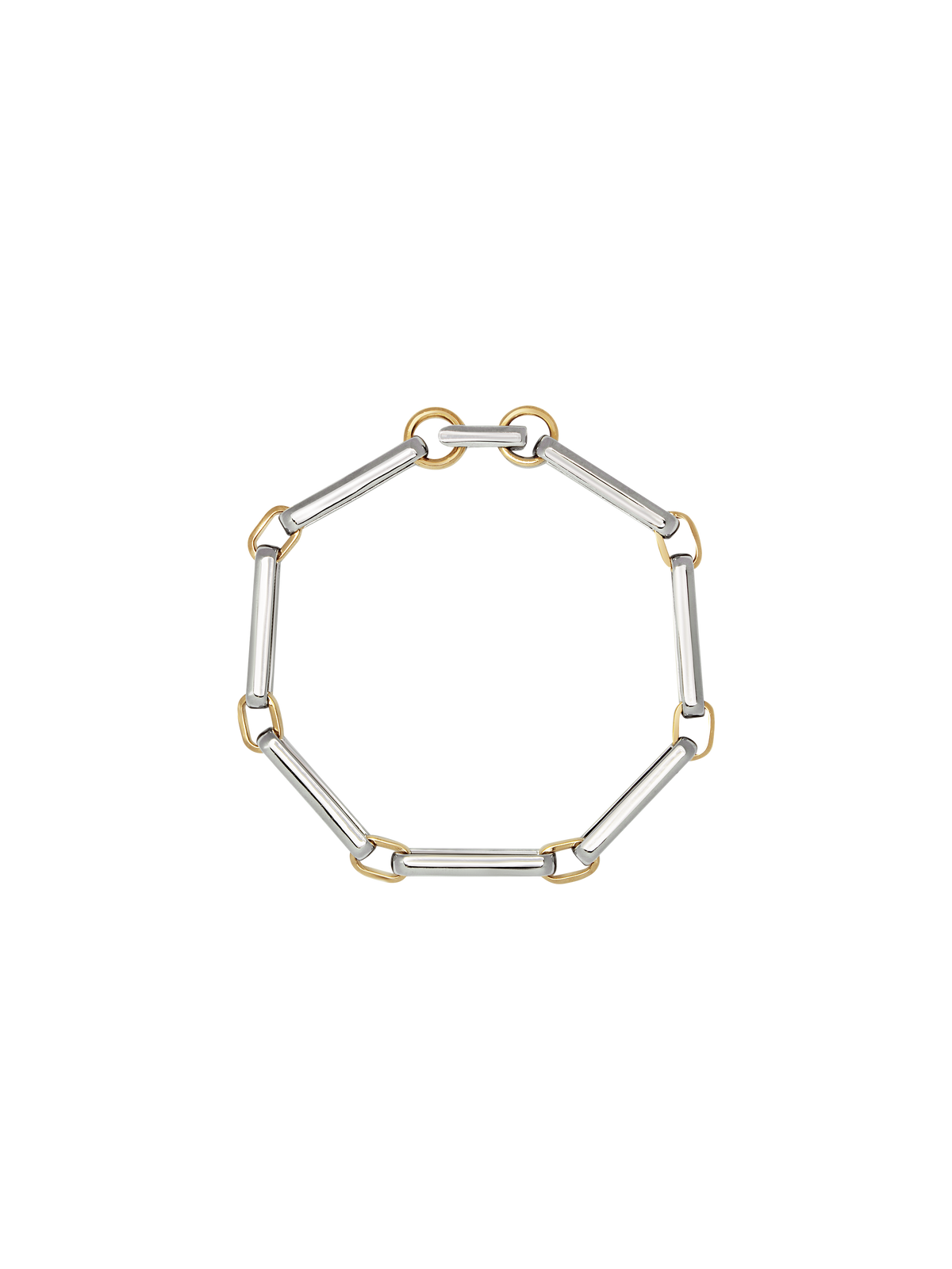 A two-tone chain link bracelet featuring silver-toned rectangular links and gold-toned square accents, arranged in a circular shape on a transparent background.
