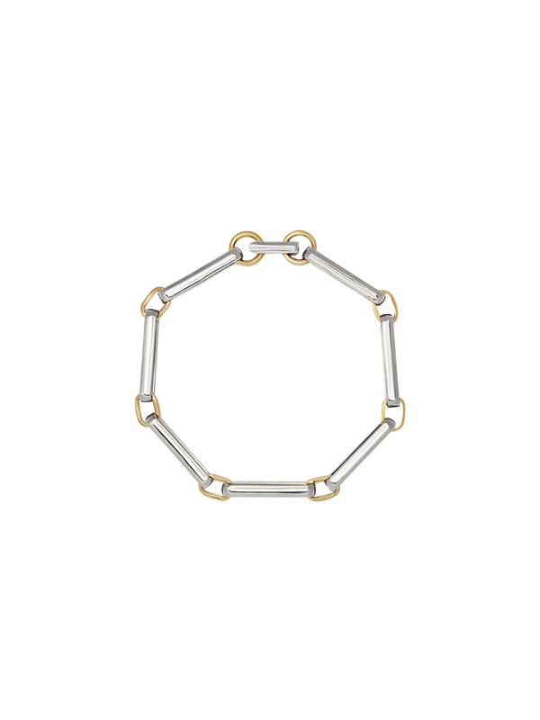 A two-tone chain link bracelet featuring silver-toned rectangular links and gold-toned square accents, arranged in a circular shape on a transparent background.