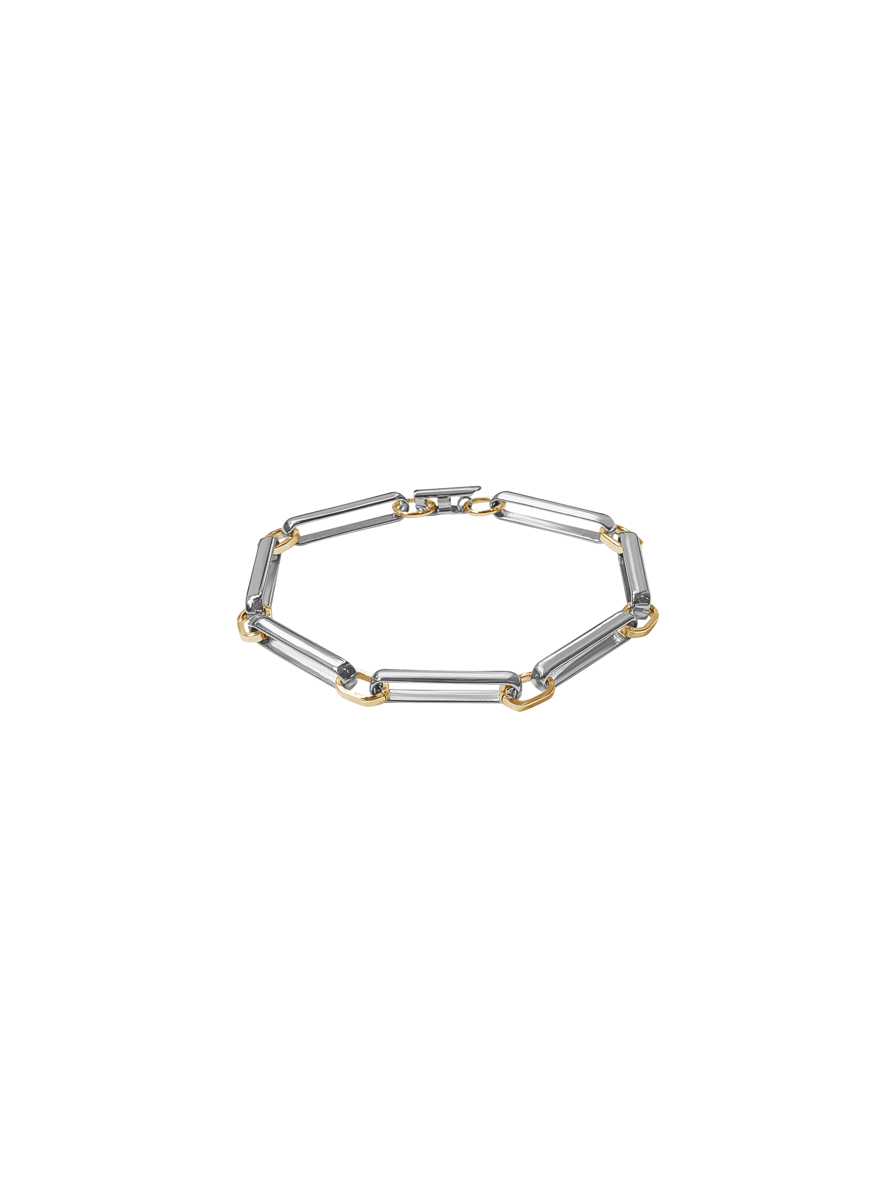 A two-tone chain link bracelet featuring silver-toned rectangular links and gold-toned square accents, arranged in a circular shape on a transparent background.
