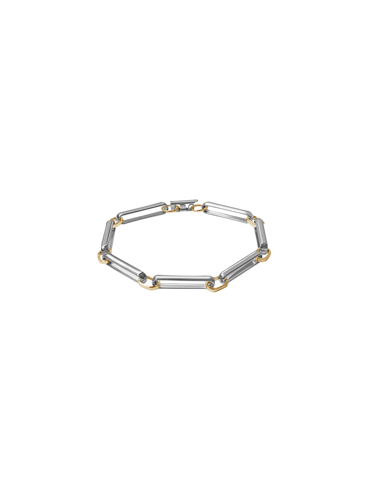 A two-tone chain link bracelet featuring silver-toned rectangular links and gold-toned square accents, arranged in a circular shape on a transparent background.