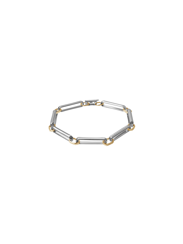 A two-tone chain link bracelet featuring silver-toned rectangular links and gold-toned square accents, arranged in a circular shape on a transparent background.
