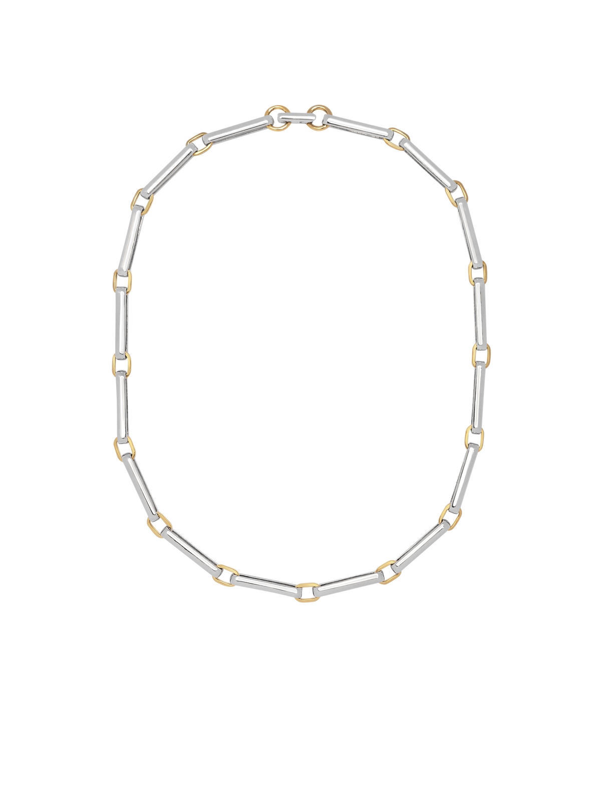A two-tone chain link necklace featuring silver-toned rectangular links and gold-toned square accents, arranged in a circular shape on a transparent background.
