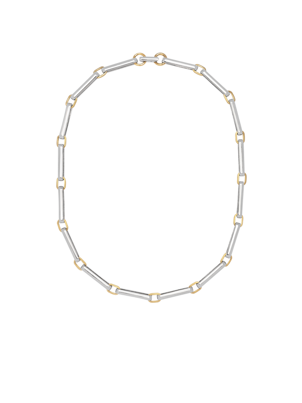 A two-tone chain link necklace featuring silver-toned rectangular links and gold-toned square accents, arranged in a circular shape on a transparent background.