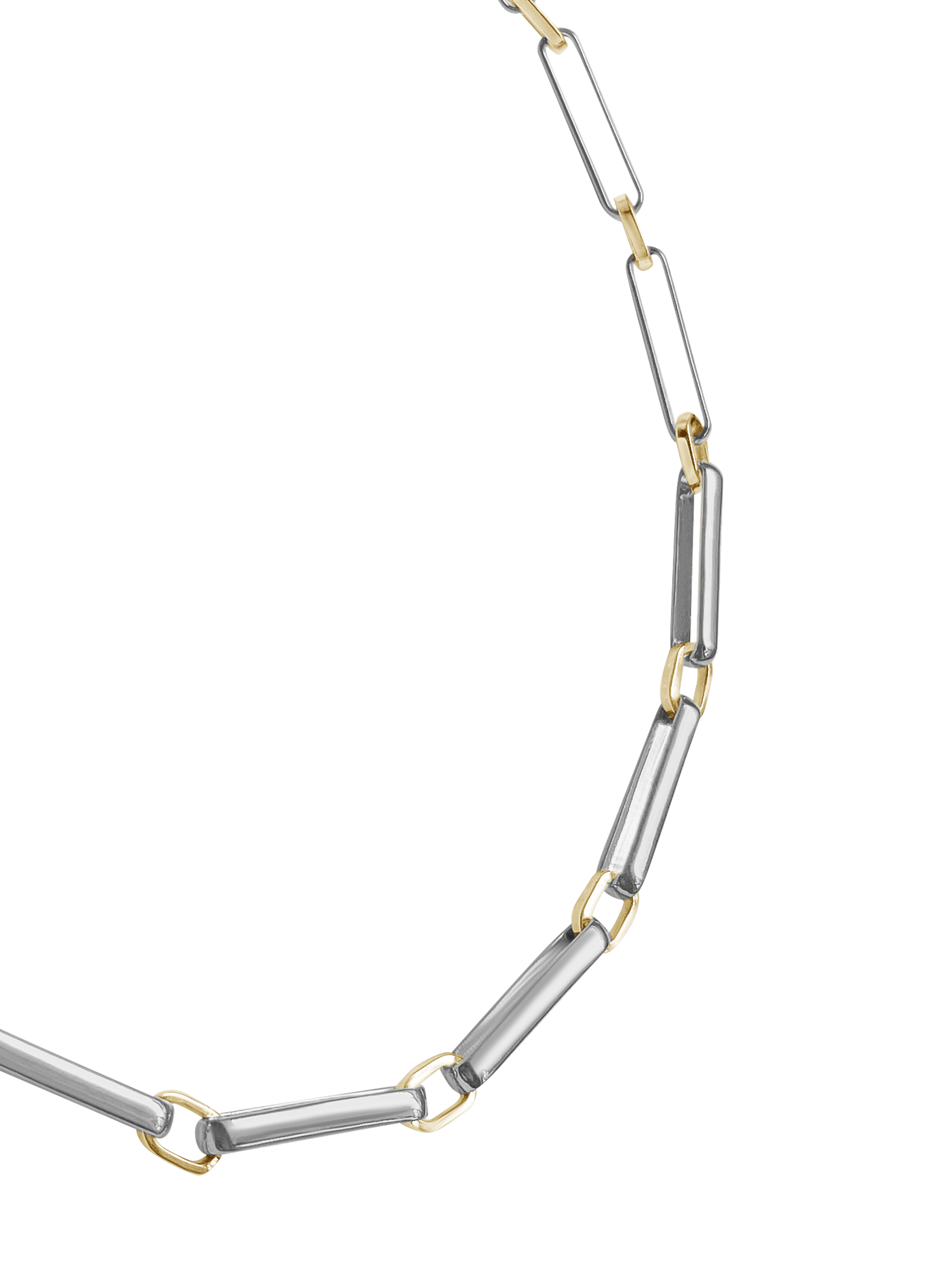 A two-tone chain link necklace featuring silver-toned rectangular links and gold-toned square accents, arranged in a circular shape on a transparent background.