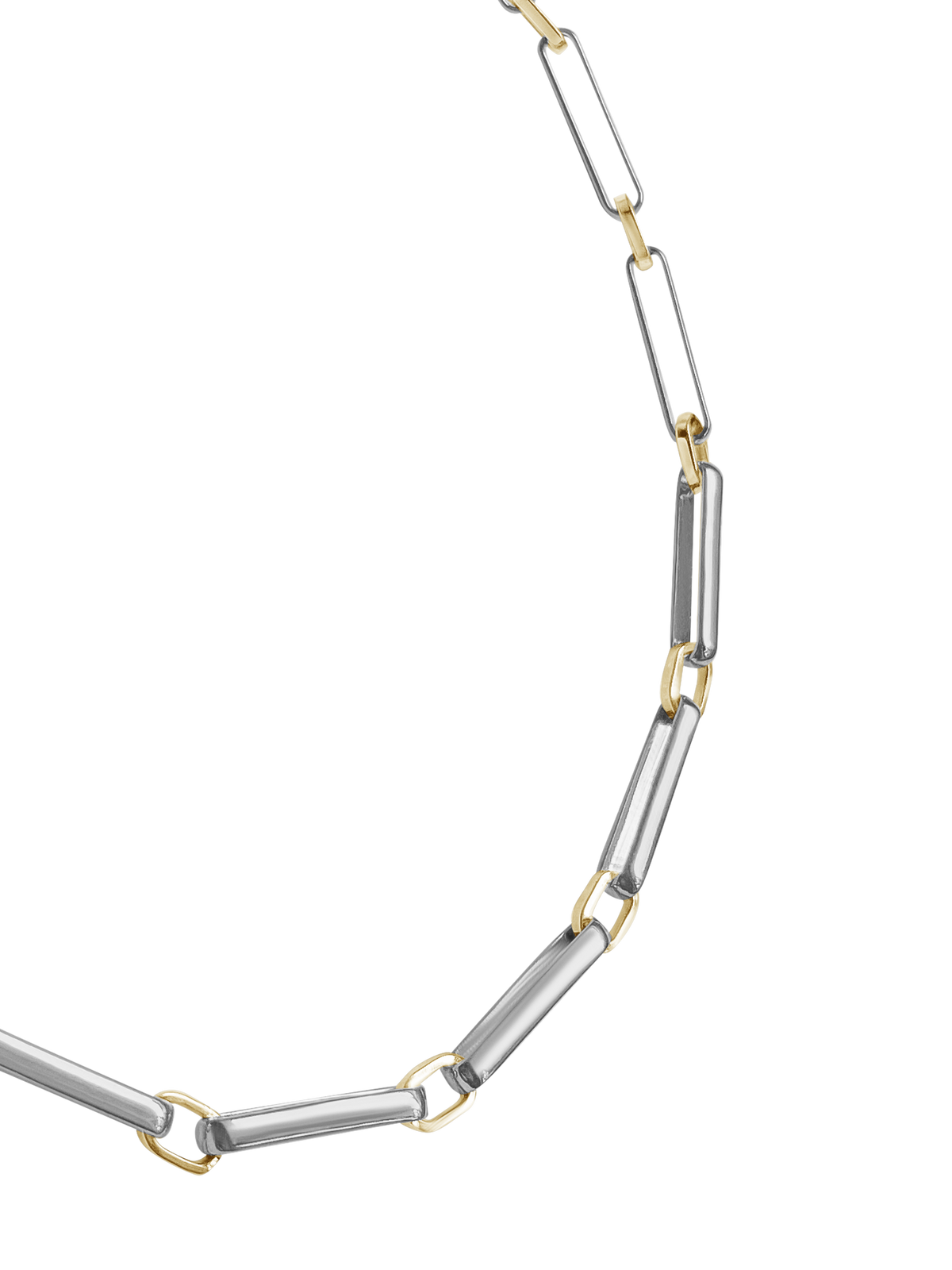 A two-tone chain link necklace featuring silver-toned rectangular links and gold-toned square accents, arranged in a circular shape on a transparent background.