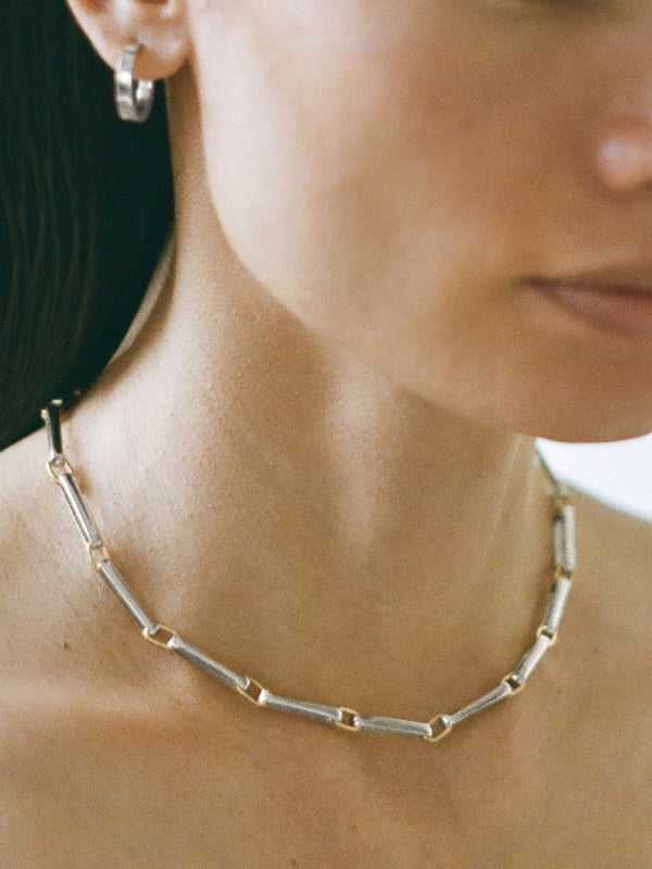 A close-up lifestyle shot of a woman wearing a delicate two-tone chain necklace with gold and silver links, along with a small silver hoop earring.