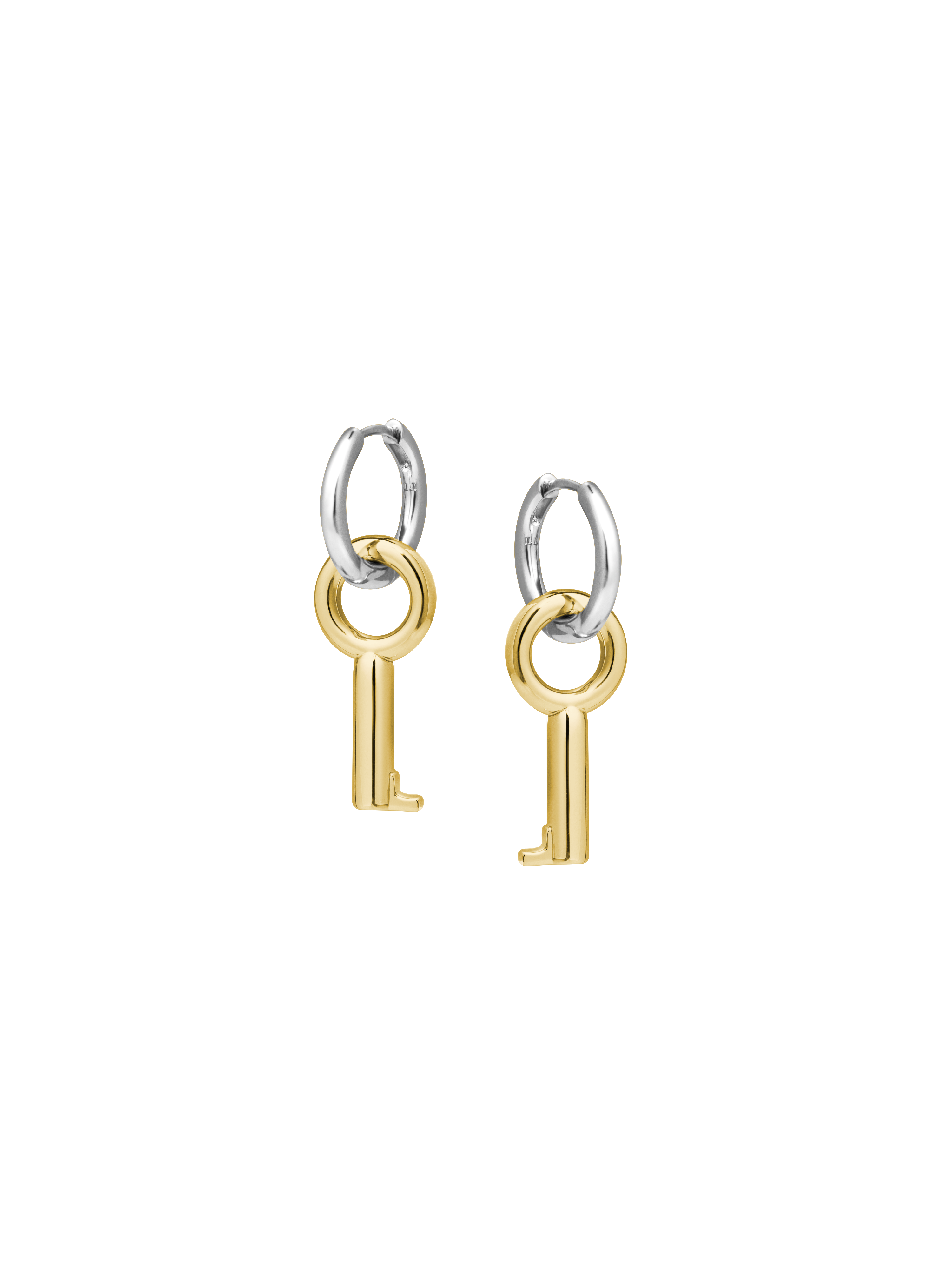 Laura Lombardi Two Tone Entra Earrings, a pair of petite silver hoop earrings with dangling gold key charms, shown on a neutral background.