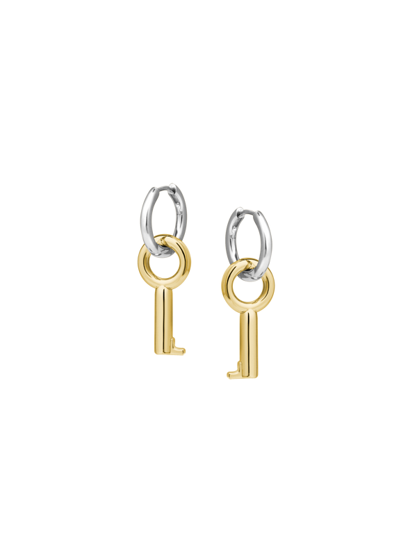 Laura Lombardi Two Tone Entra Earrings, a pair of petite silver hoop earrings with dangling gold key charms, shown on a neutral background.