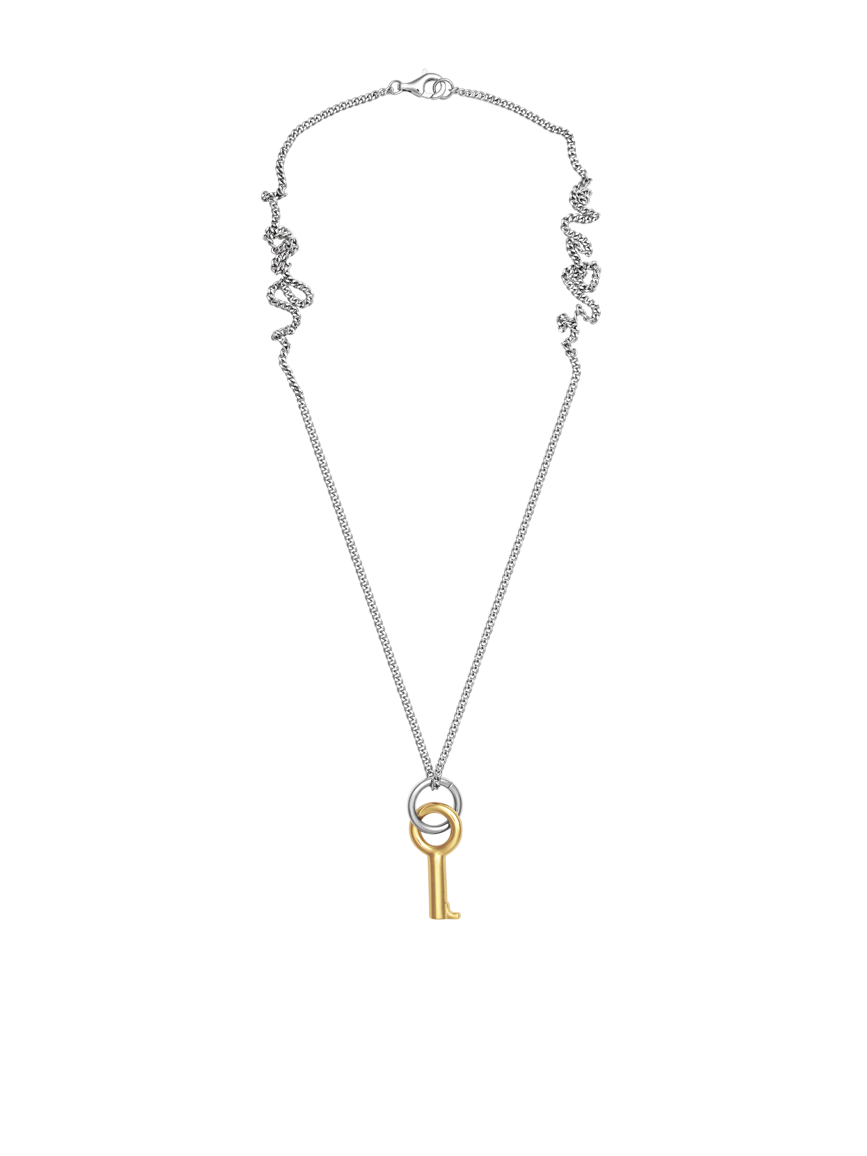Laura Lombardi Two Tone Entra Necklace, a silver chain necklace featuring a gold key-shaped pendant on a small silver ring, displayed on a neutral background.