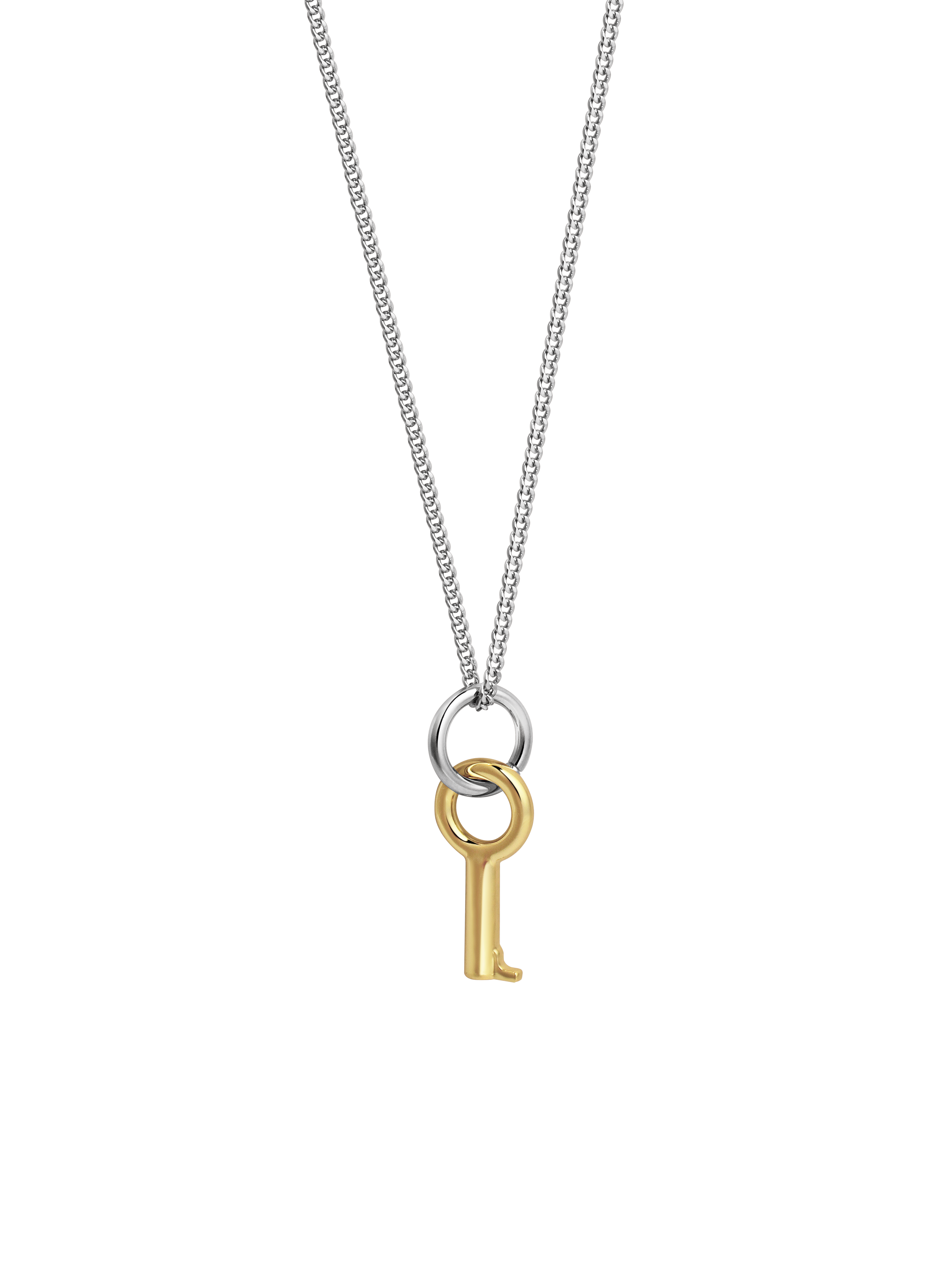 Laura Lombardi Two Tone Entra Necklace, a silver chain necklace featuring a gold key-shaped pendant on a small silver ring, displayed on a neutral background.