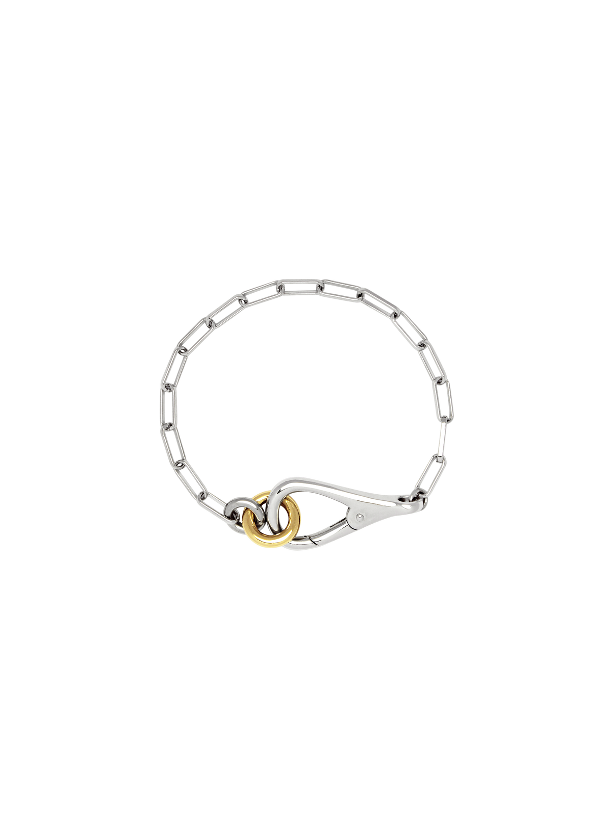 Two Tone Frena Bracelet, a silver-toned chain bracelet with a silver toggle clasp and gold jump ring, displayed on a neutral background.