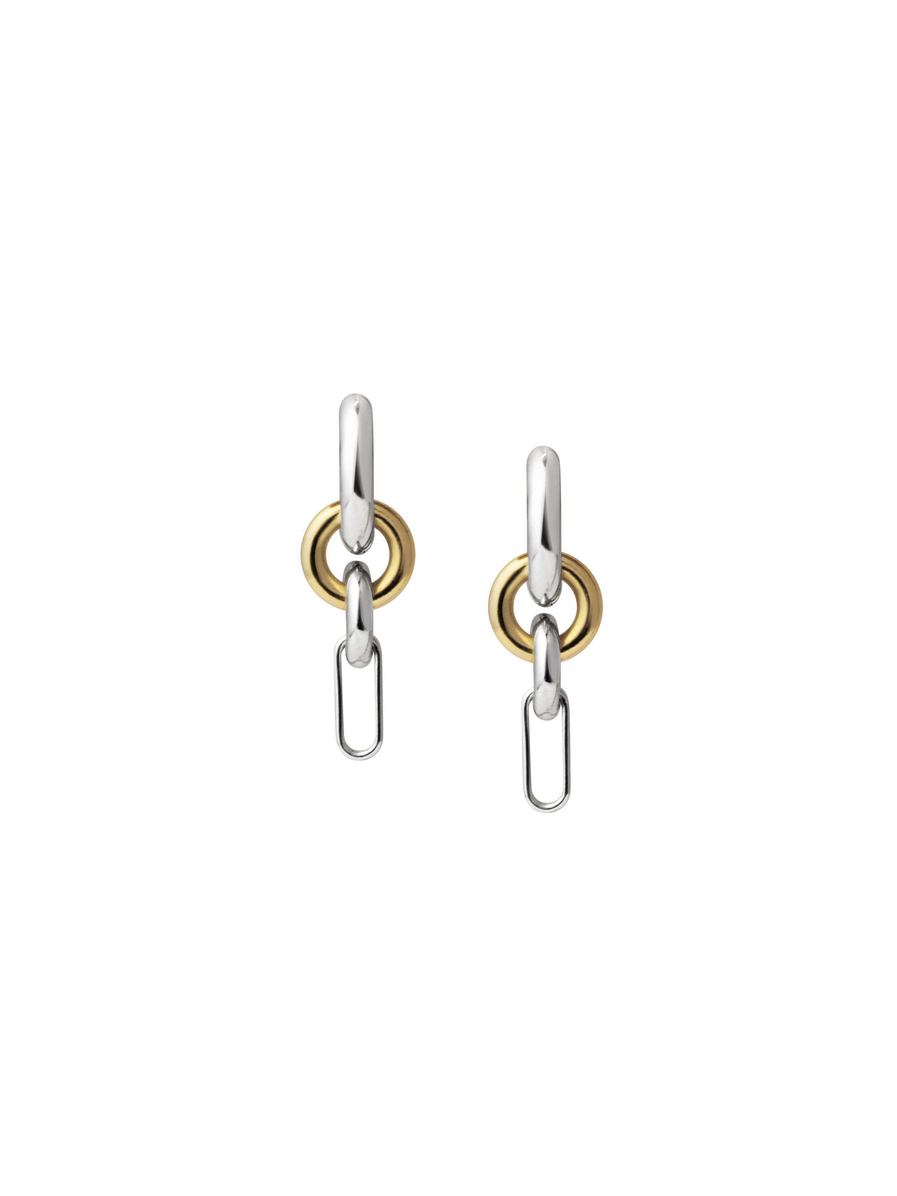 A pair of Two Tone Frena Earrings, silver hoop earrings with a dangling gold and silver chain link design, shown on a neutral background.