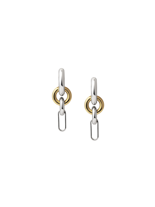 A pair of Two Tone Frena Earrings, silver hoop earrings with a dangling gold and silver chain link design, shown on a neutral background.