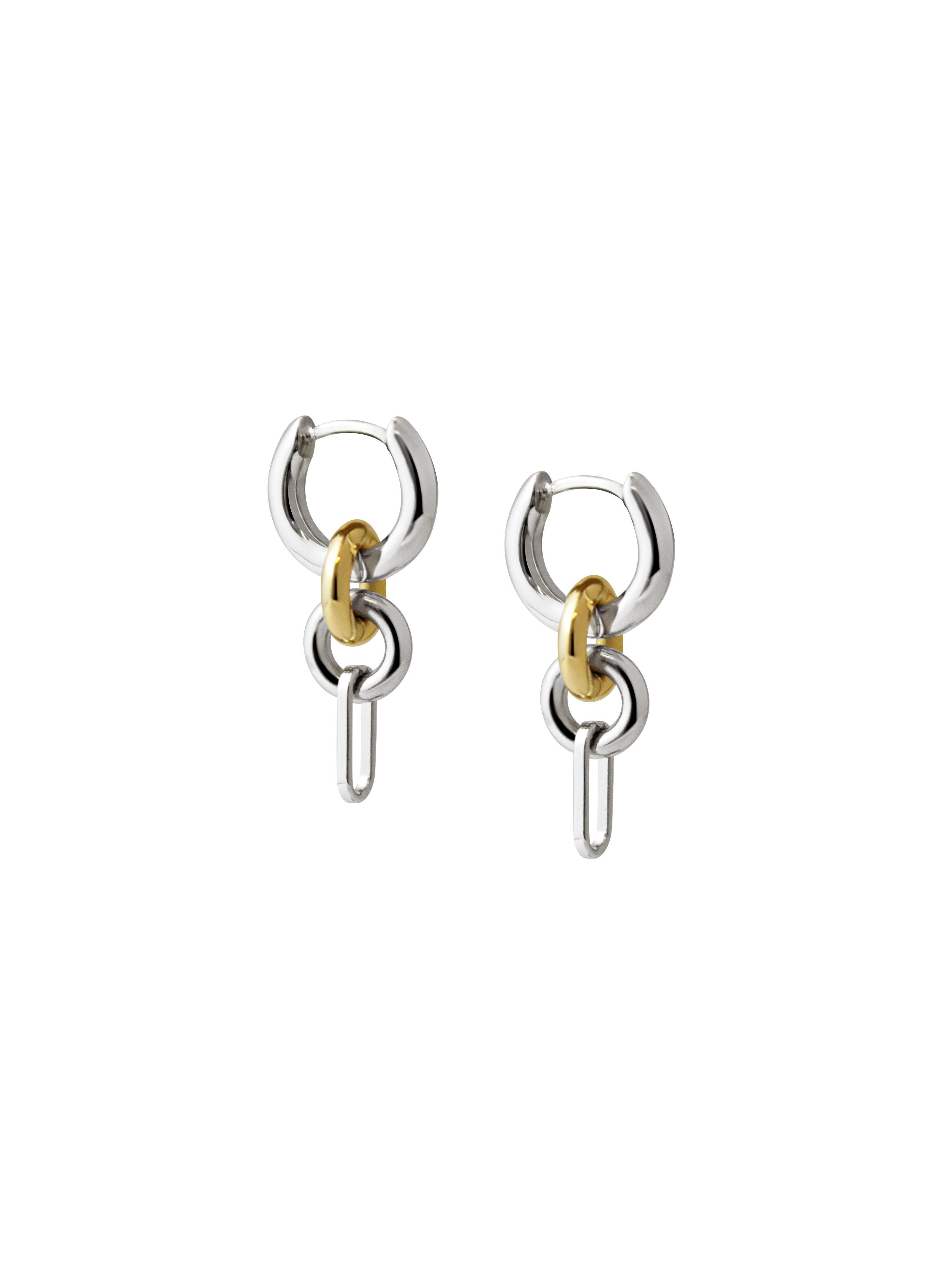A pair of Two Tone Frena Earrings, silver hoop earrings with a dangling gold and silver chain link design, shown on a neutral background.