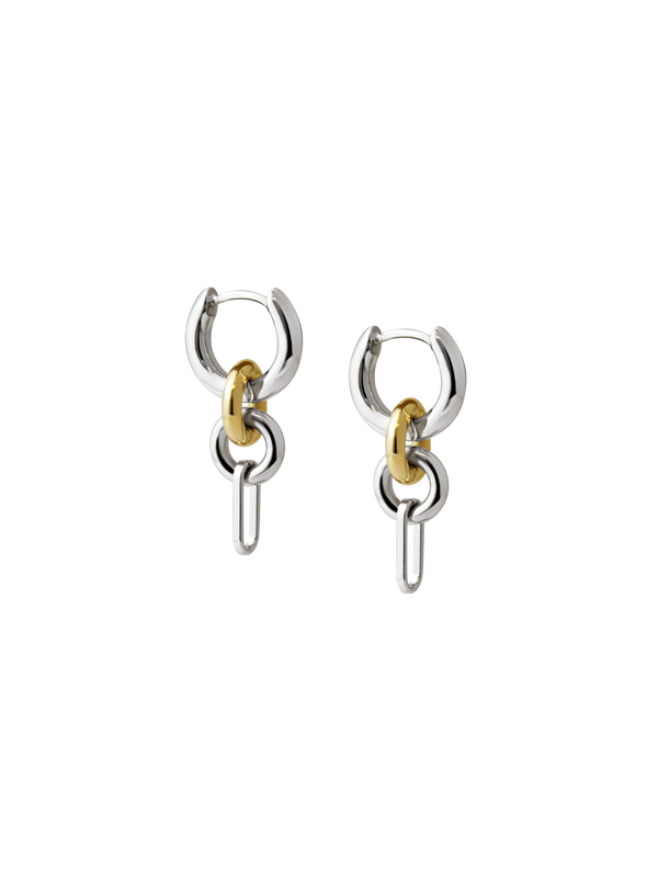A pair of Two Tone Frena Earrings, silver hoop earrings with a dangling gold and silver chain link design, shown on a neutral background.