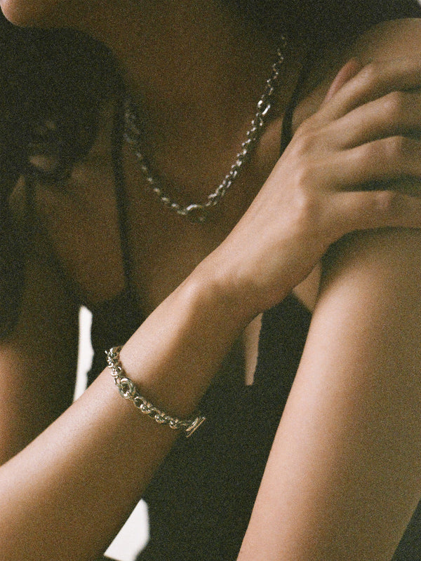 Model wearing Laura Lombardi Silver Fillia Bracelet
