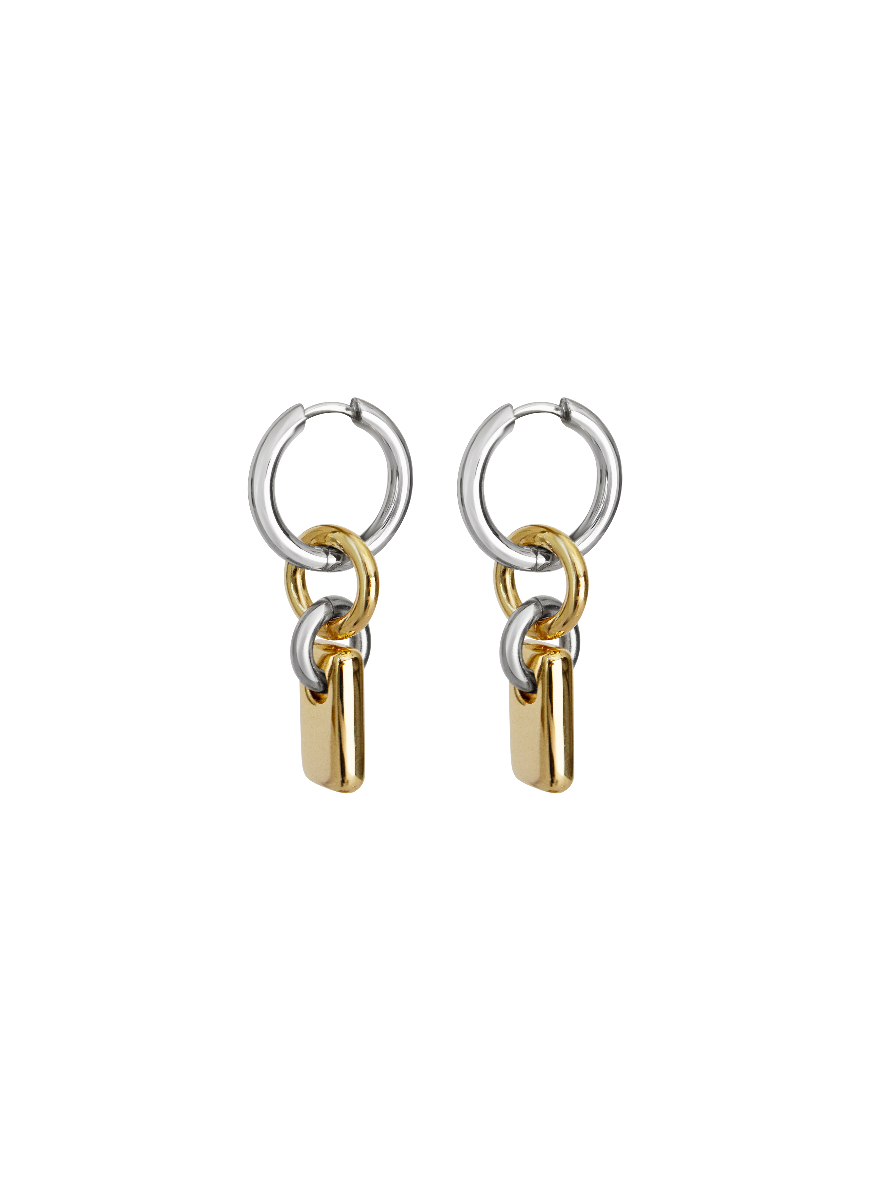 Pair of silver hoops with gold rectangular charms on a neutral background.