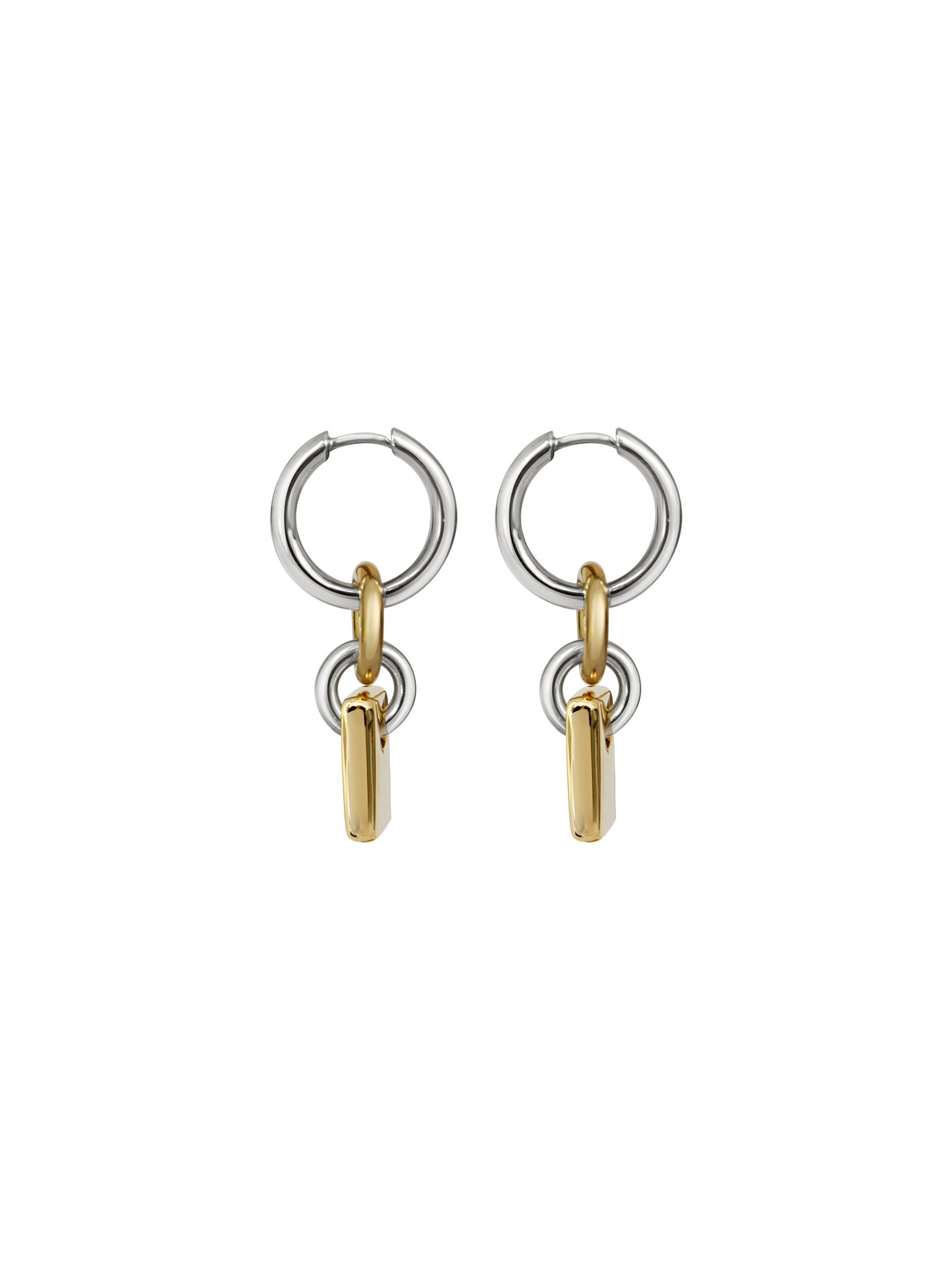 Pair of silver hoops with gold rectangular charms on a neutral background.