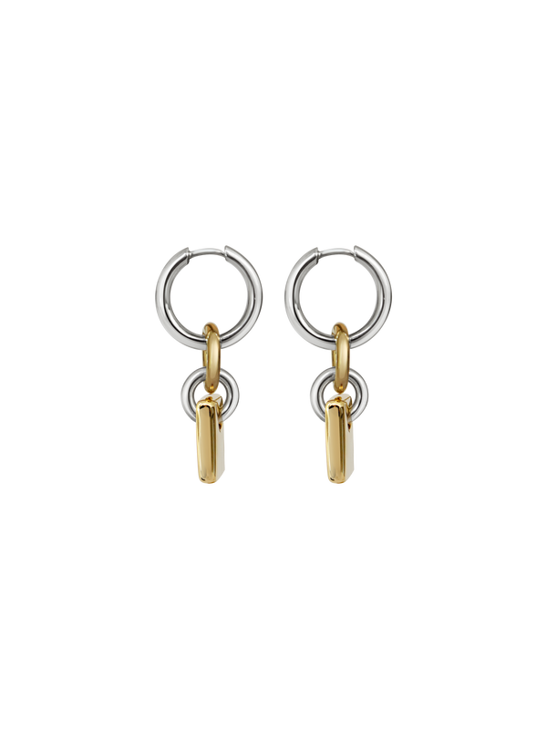 Pair of silver hoops with gold rectangular charms on a neutral background.