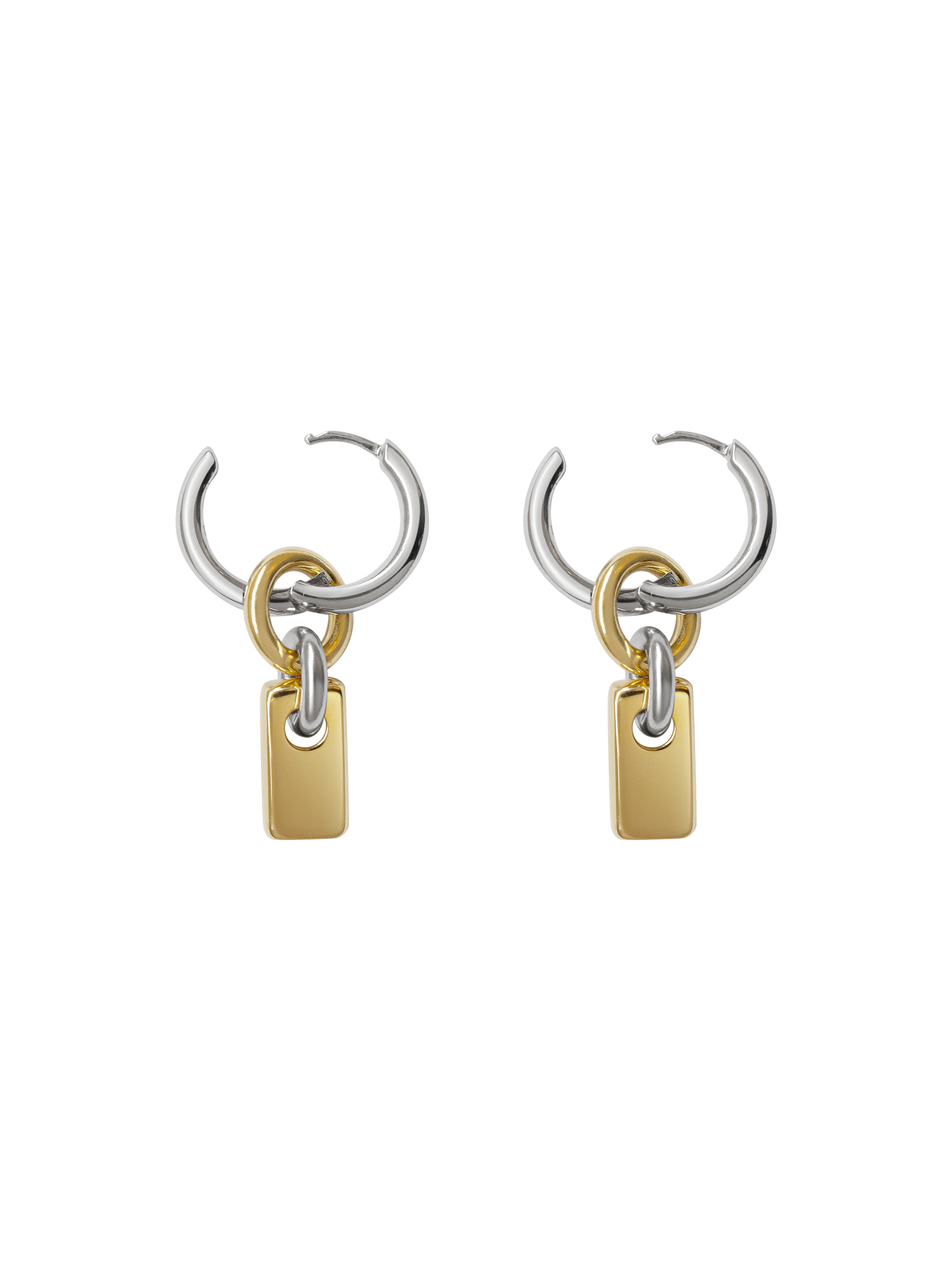Pair of silver hoops with gold rectangular charms on a neutral background.