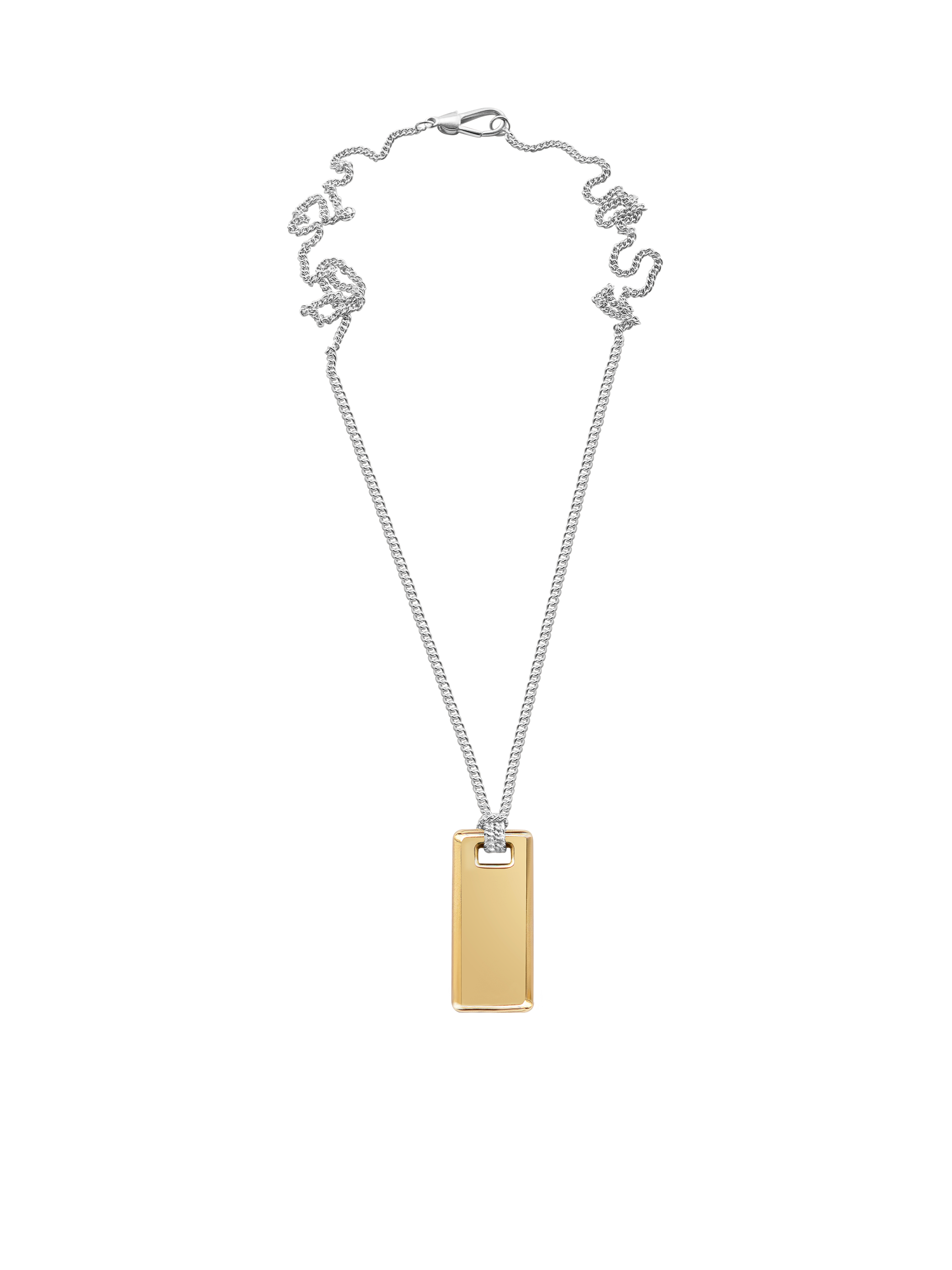 Gold rectangular pendant on a sterling silver chain against a neutral background.