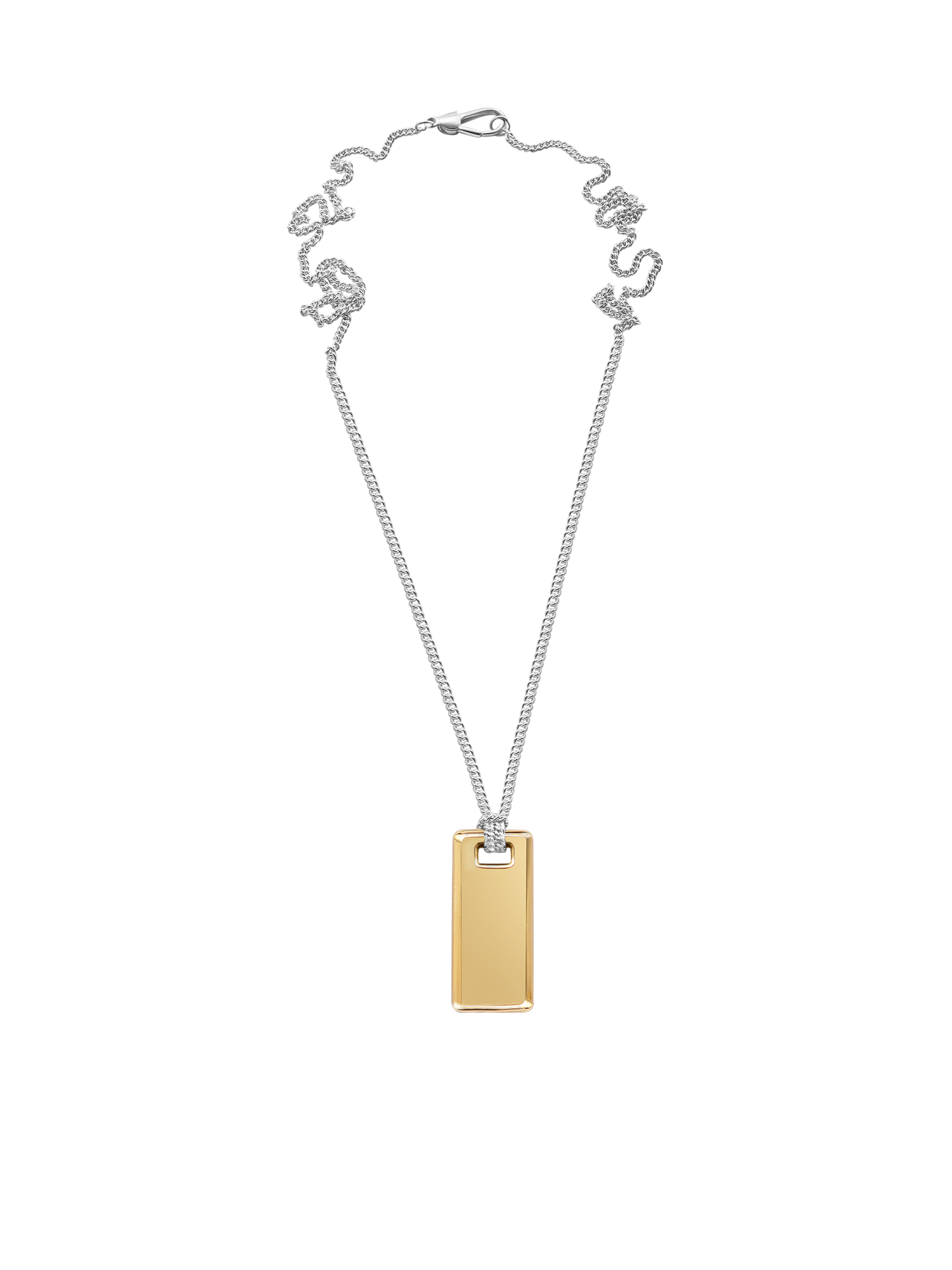 Gold rectangular pendant on a sterling silver chain against a neutral background.