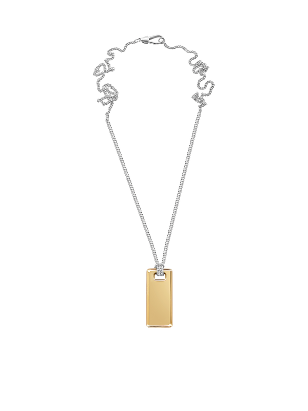 Gold rectangular pendant on a sterling silver chain against a neutral background.
