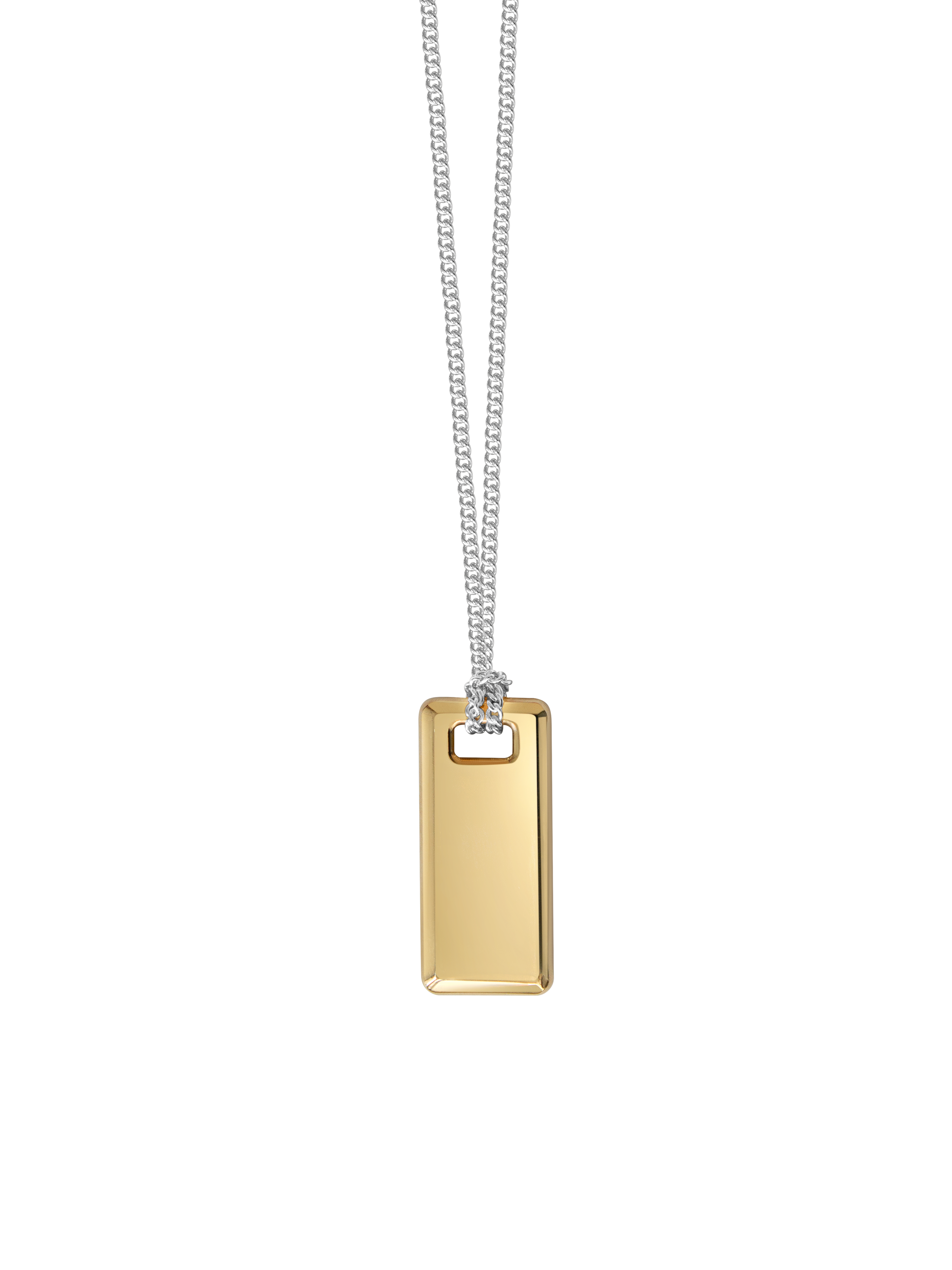 Gold rectangular pendant on a sterling silver chain against a neutral background.
