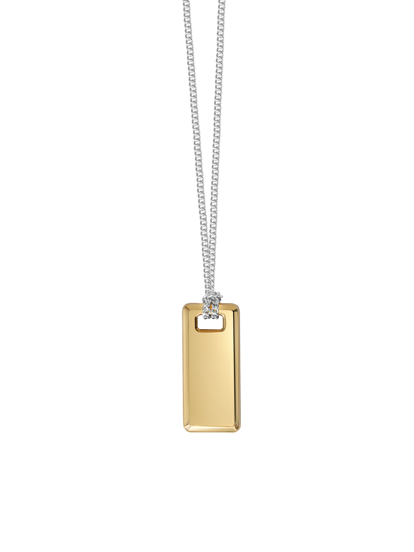 Gold rectangular pendant on a sterling silver chain against a neutral background.