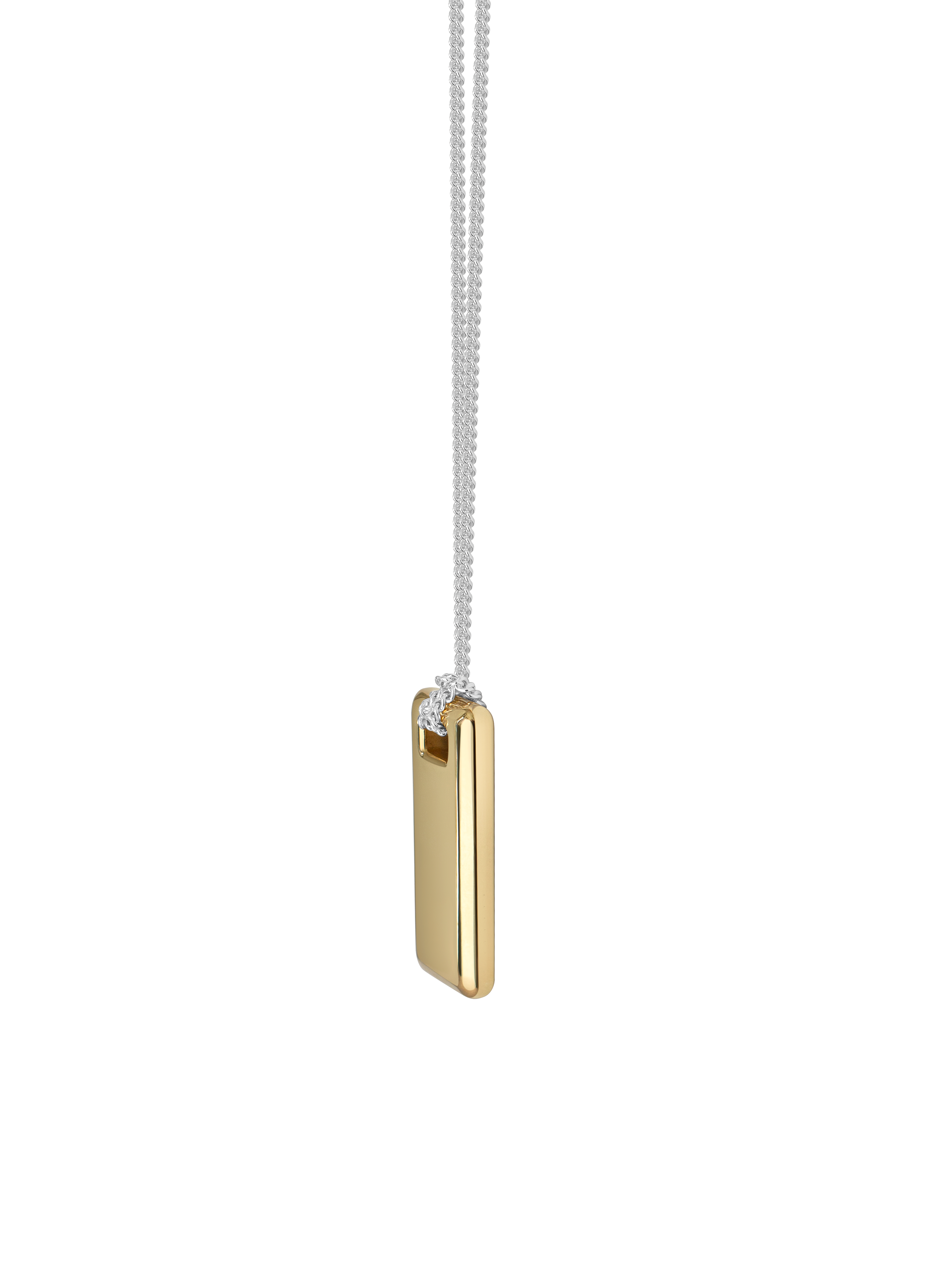 Gold rectangular pendant on a sterling silver chain against a neutral background.