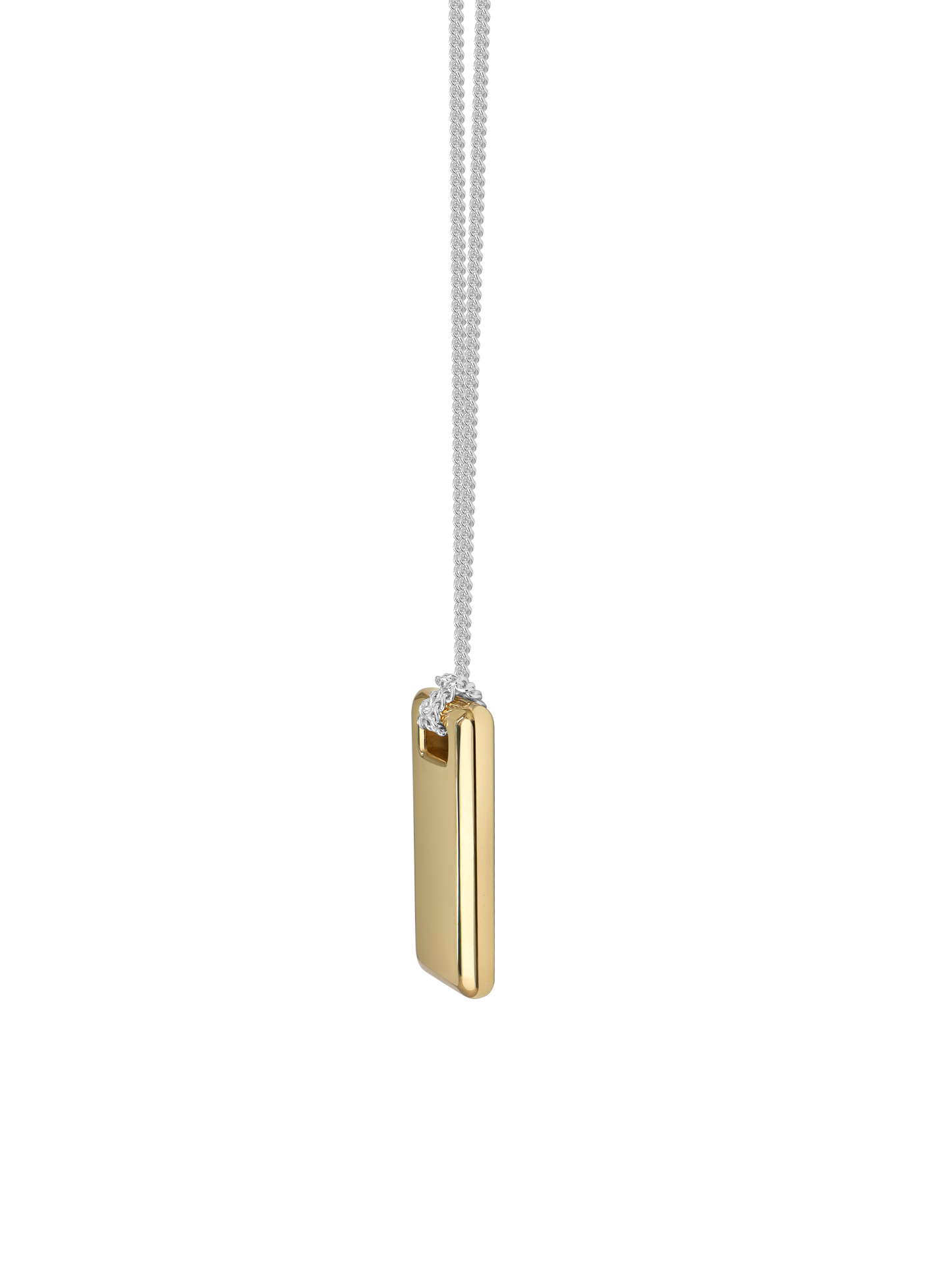 Gold rectangular pendant on a sterling silver chain against a neutral background.