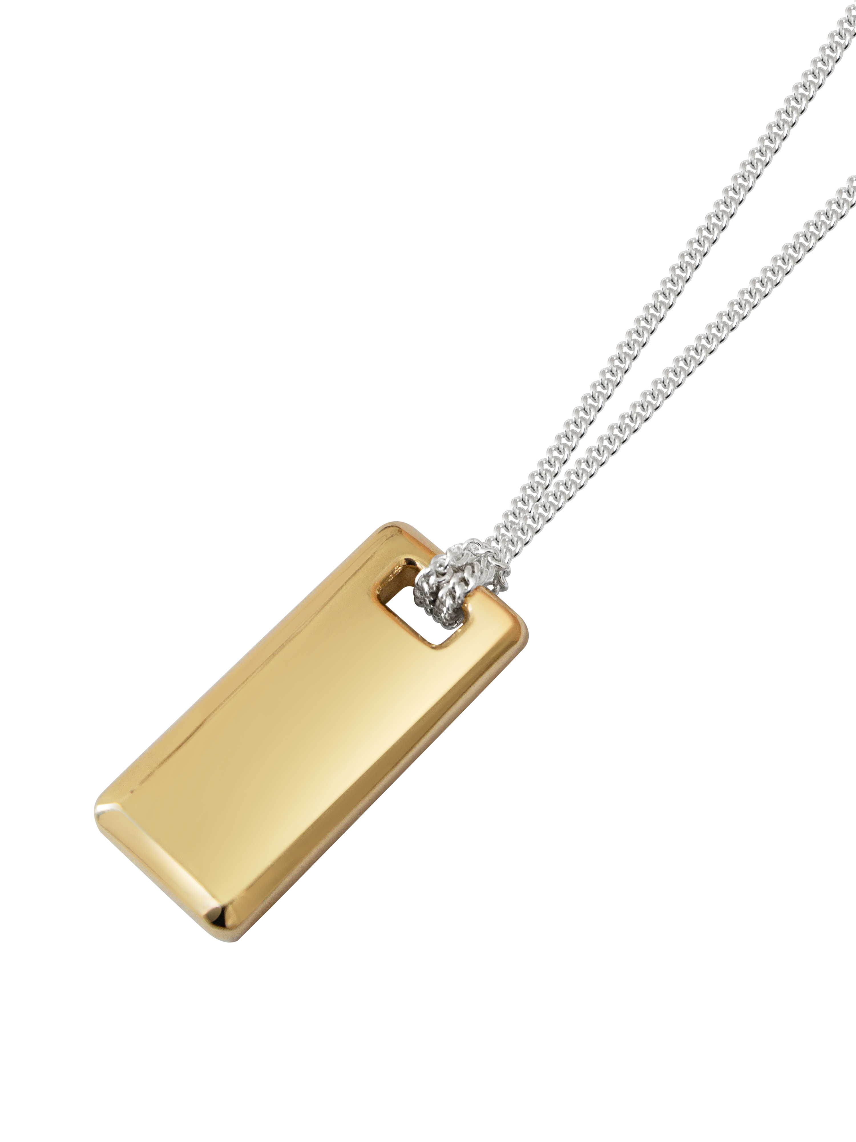 Gold rectangular pendant on a sterling silver chain against a neutral background.