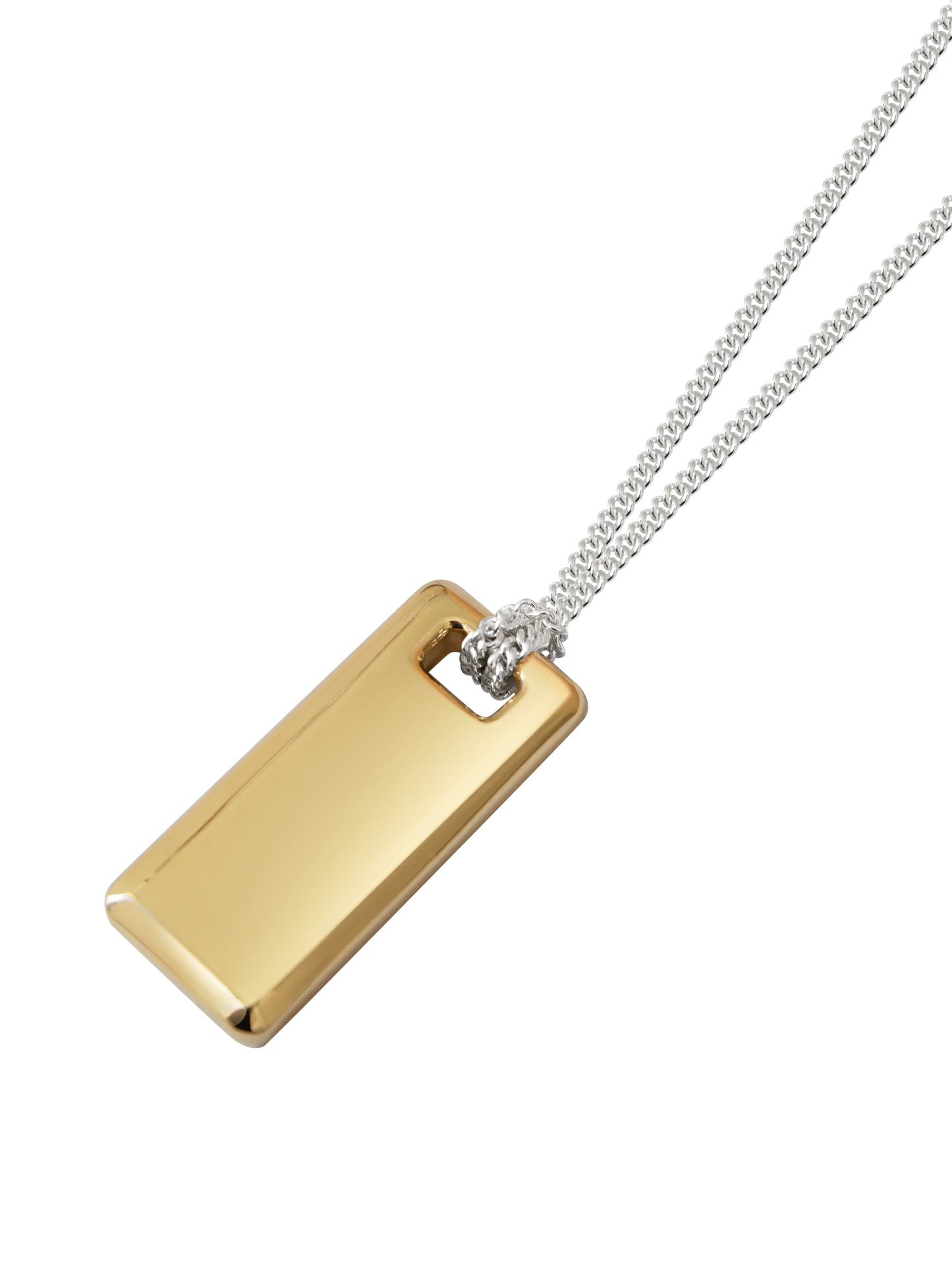 Gold rectangular pendant on a sterling silver chain against a neutral background.