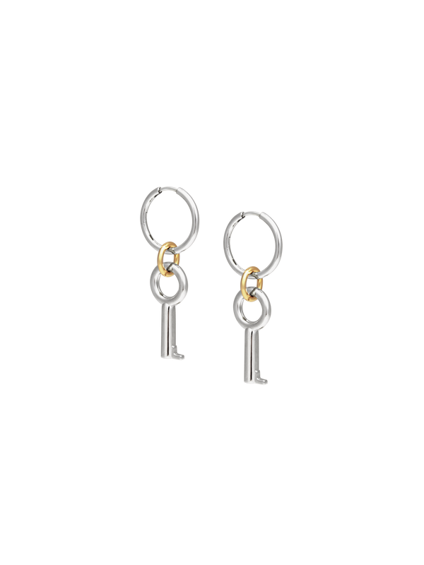 Laura Lombardi Permesso Earrings, a pair of silver hoop earrings with key-shaped charms and small gold rings connecting the hoops, shown on a plain white background.
