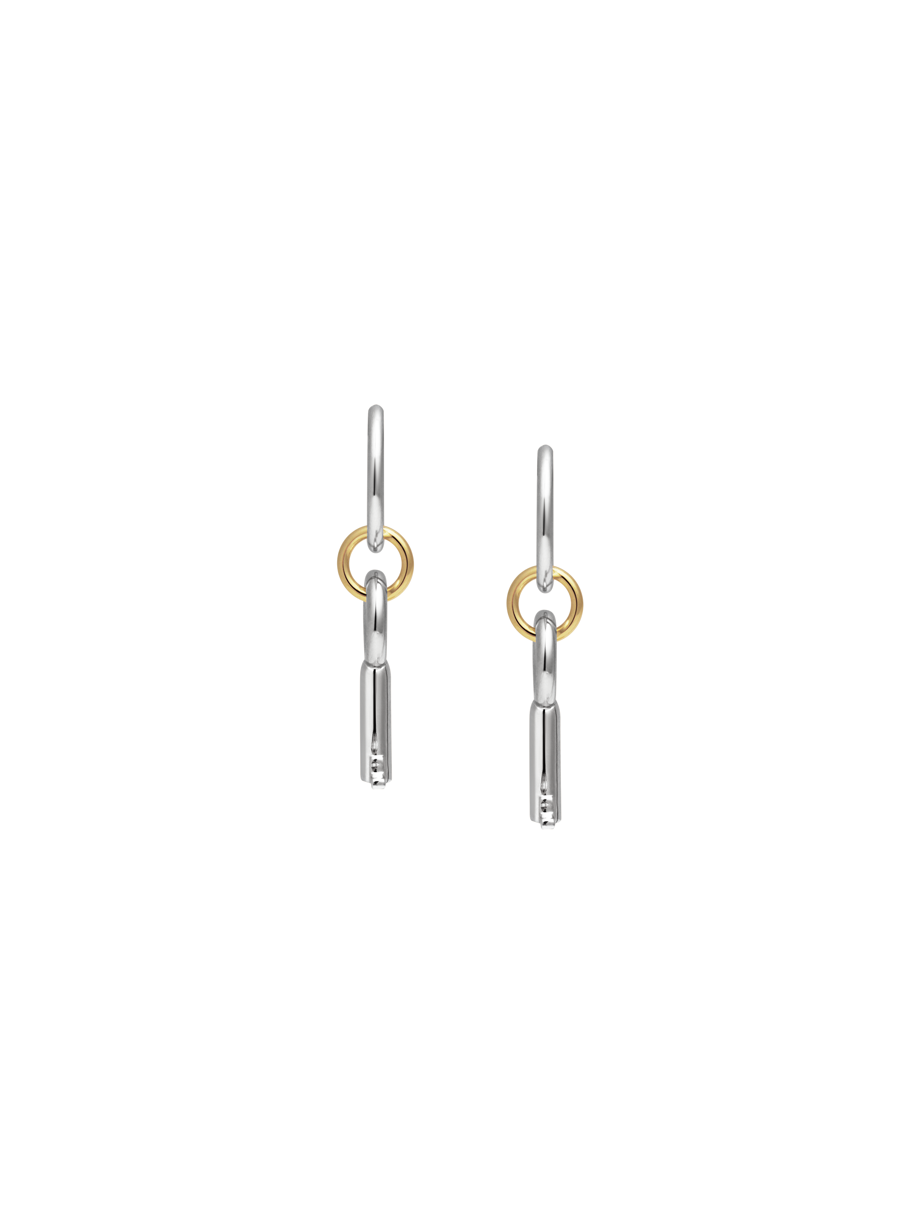 Front view of Laura Lombardi Permesso Earrings, a pair of silver hoop earrings with key-shaped charms and small gold rings connecting the hoops, shown on a plain white background.