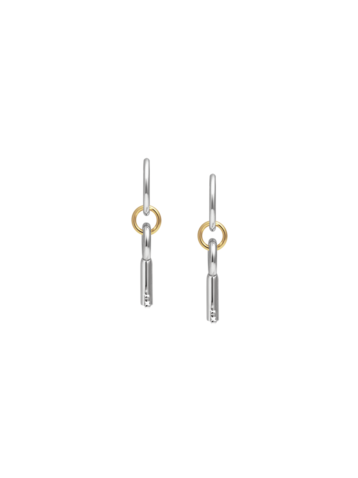 Front view of Laura Lombardi Permesso Earrings, a pair of silver hoop earrings with key-shaped charms and small gold rings connecting the hoops, shown on a plain white background.